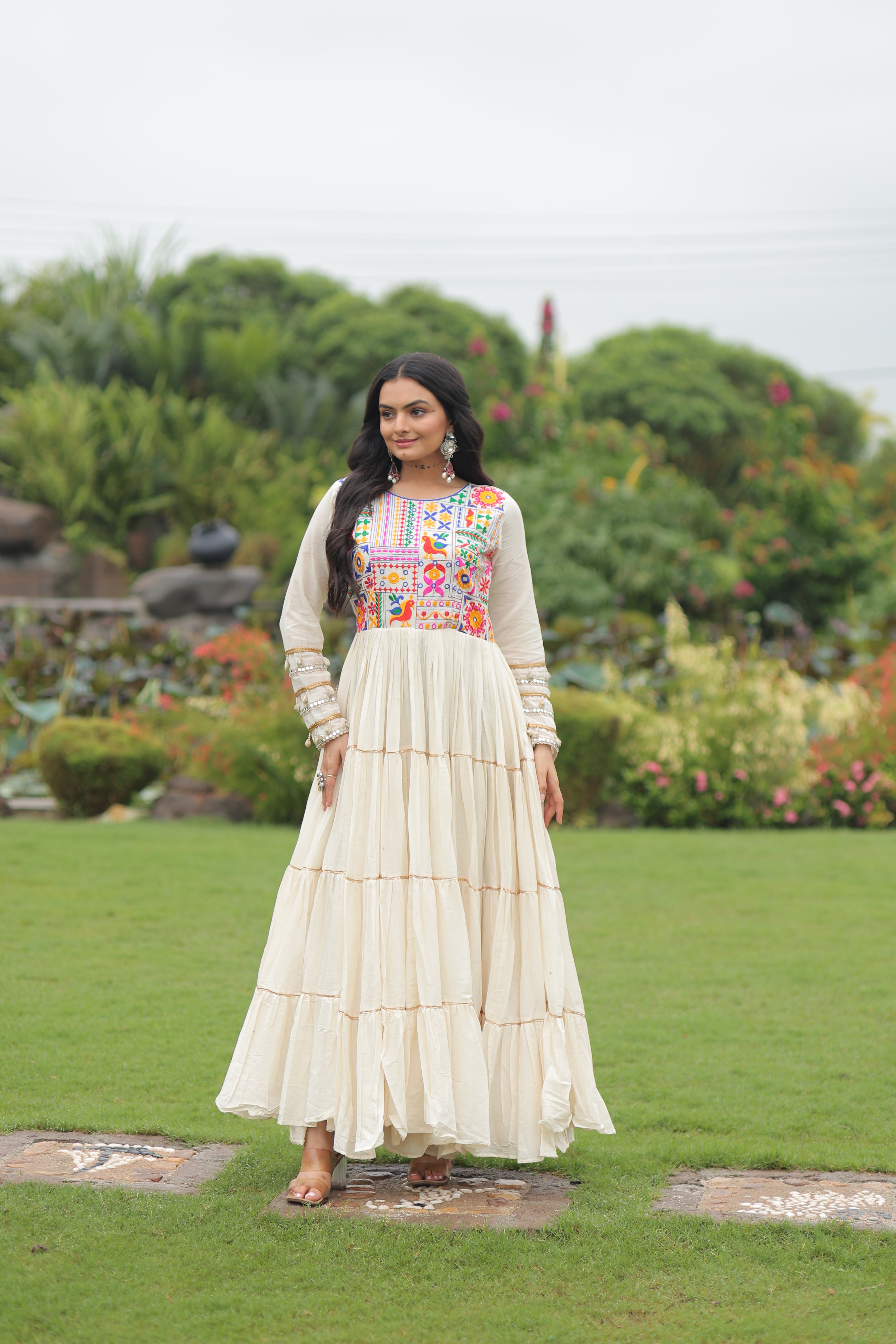 Tiered Mirror Embroidered Anarkali Gown