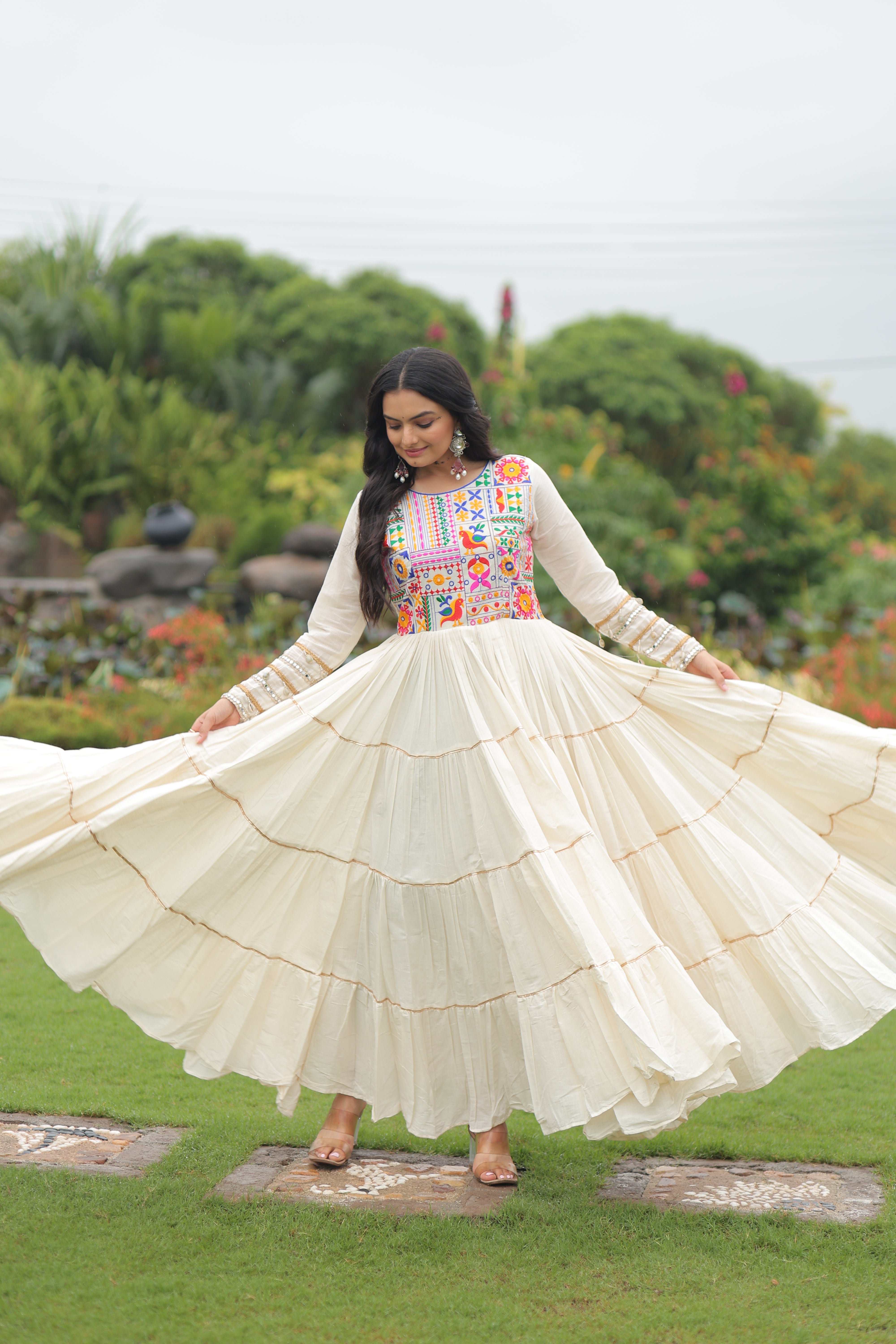 Tiered Mirror Embroidered Anarkali Gown
