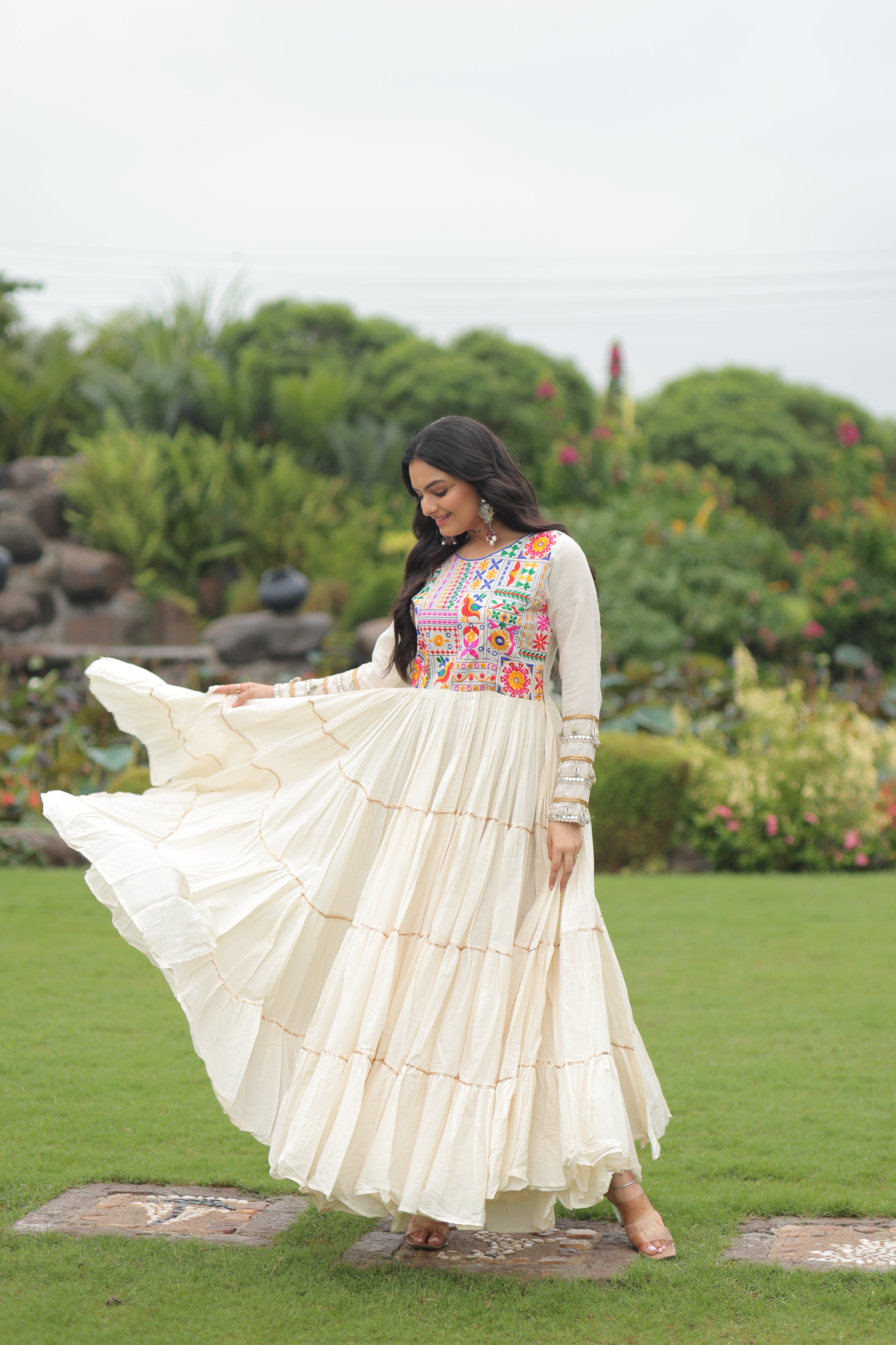Tiered Mirror Embroidered Anarkali Gown