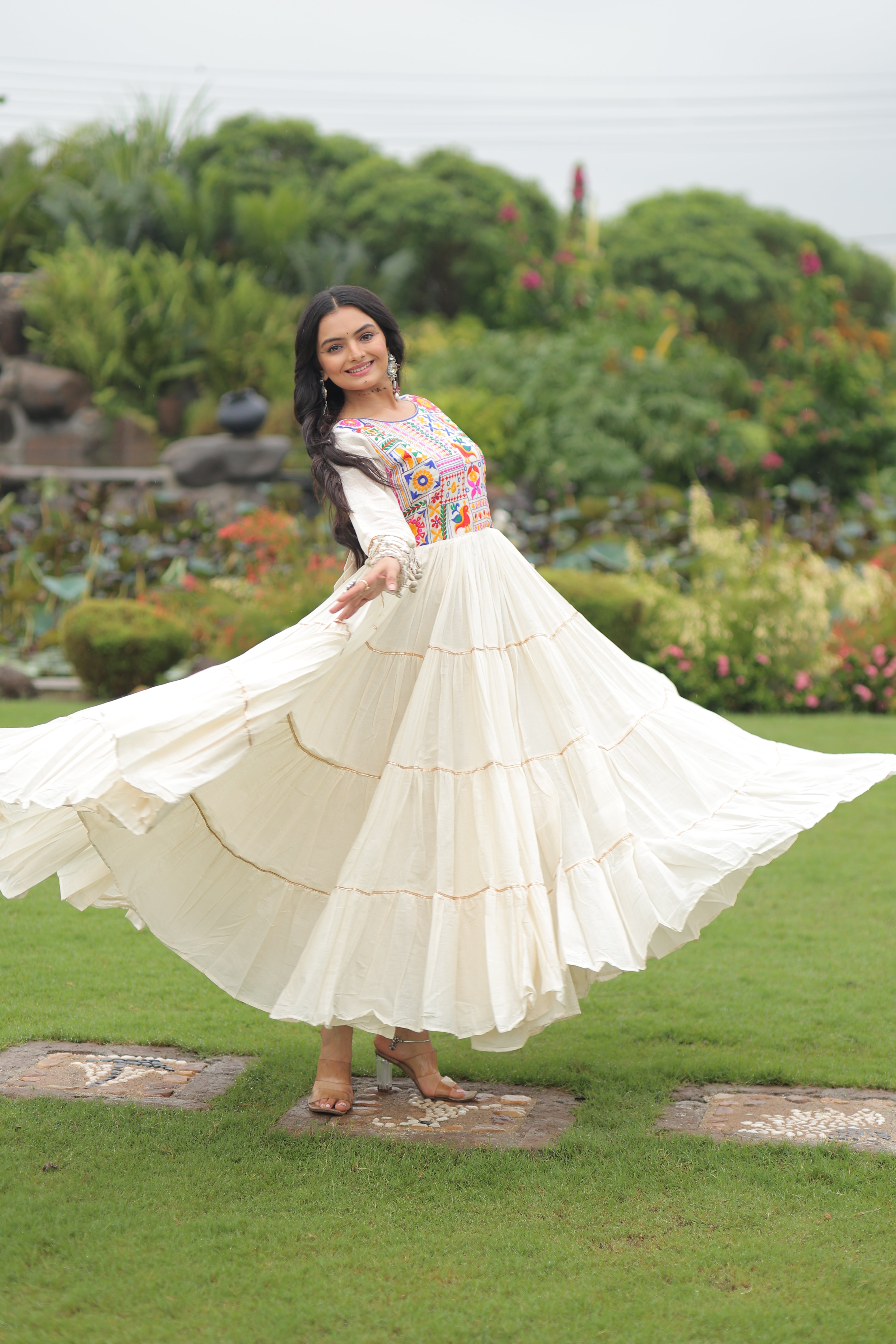 Tiered Mirror Embroidered Anarkali Gown