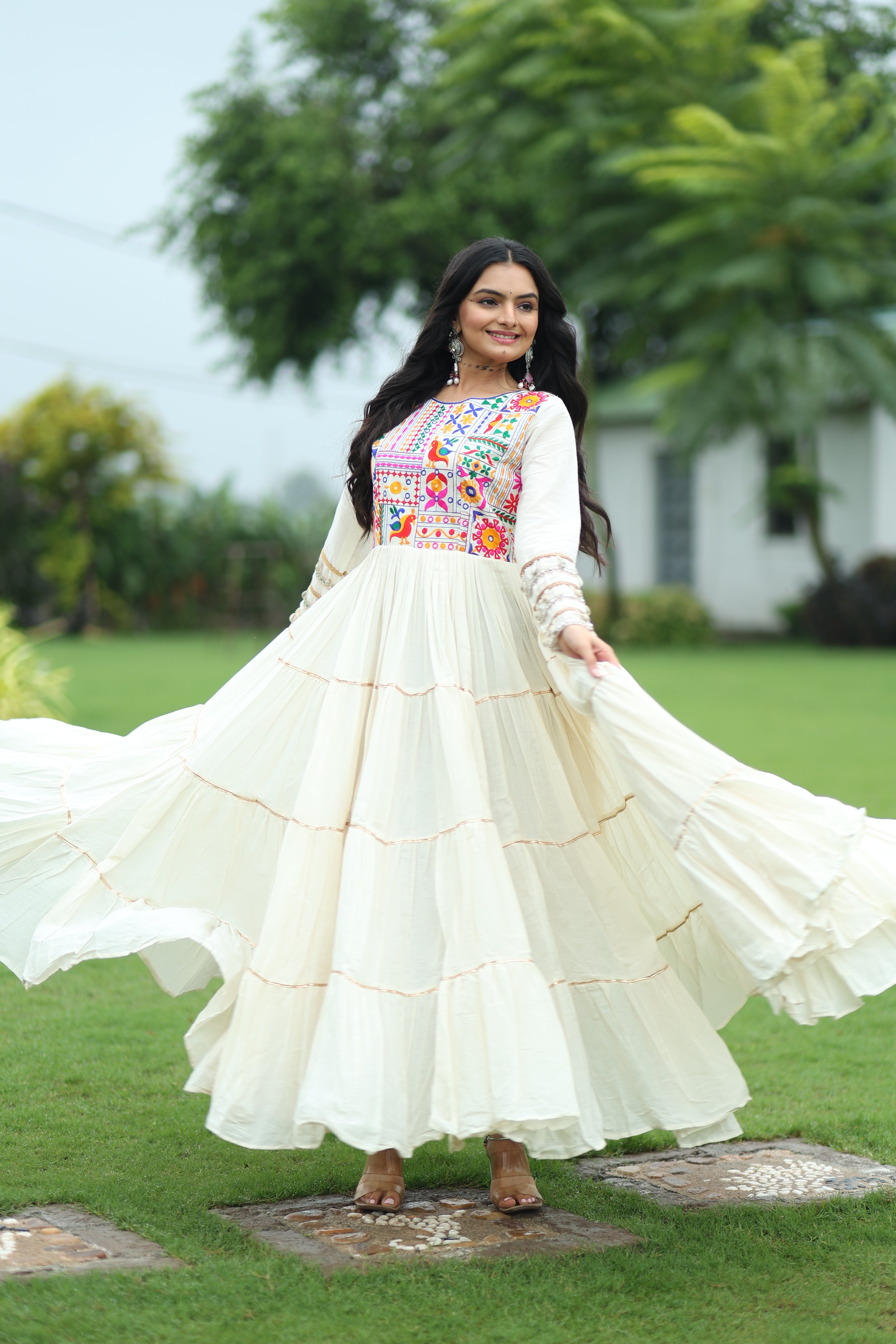 Tiered Mirror Embroidered Anarkali Gown