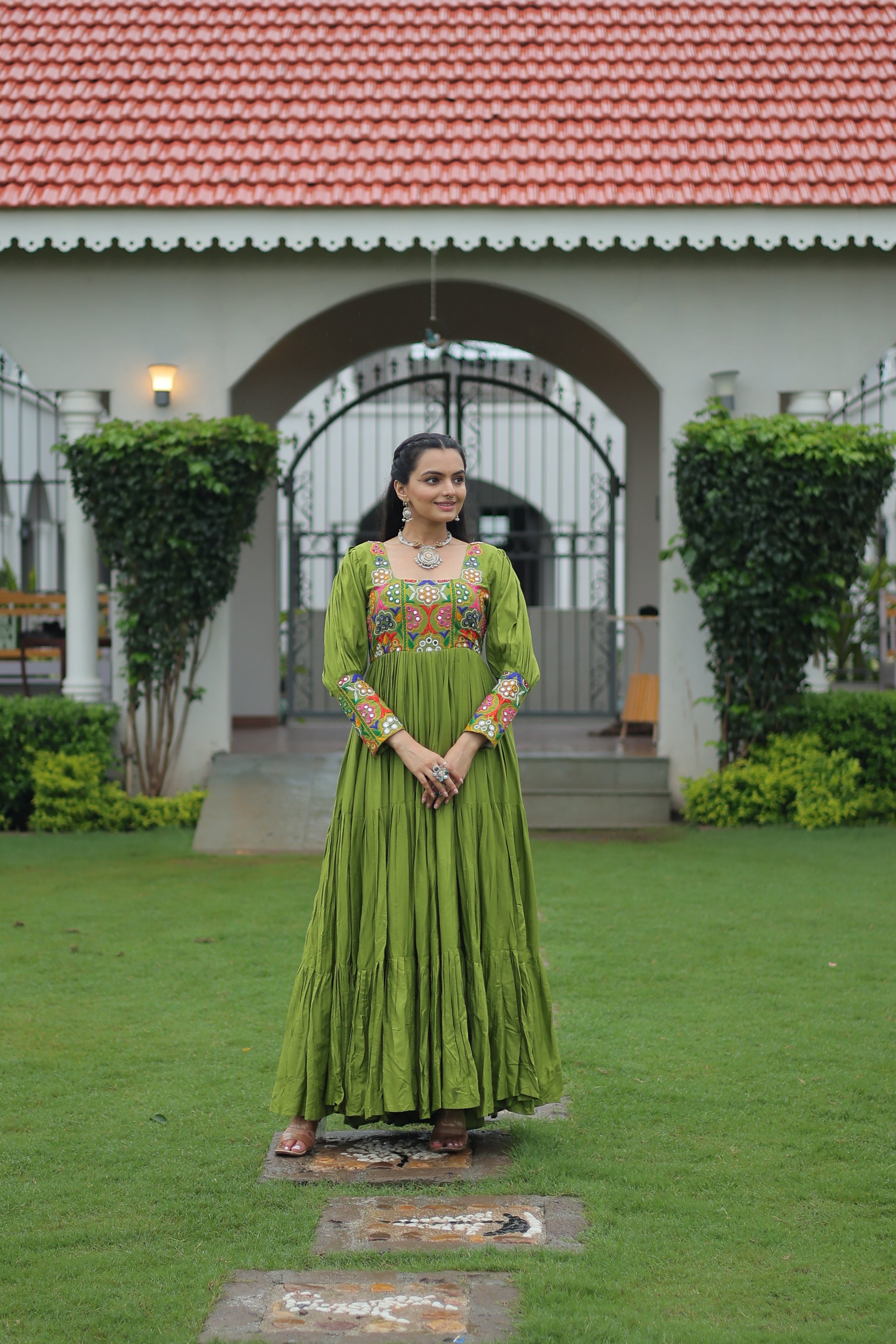 Tiered Anarkali Dress with Gujarati Mirror Embroidery