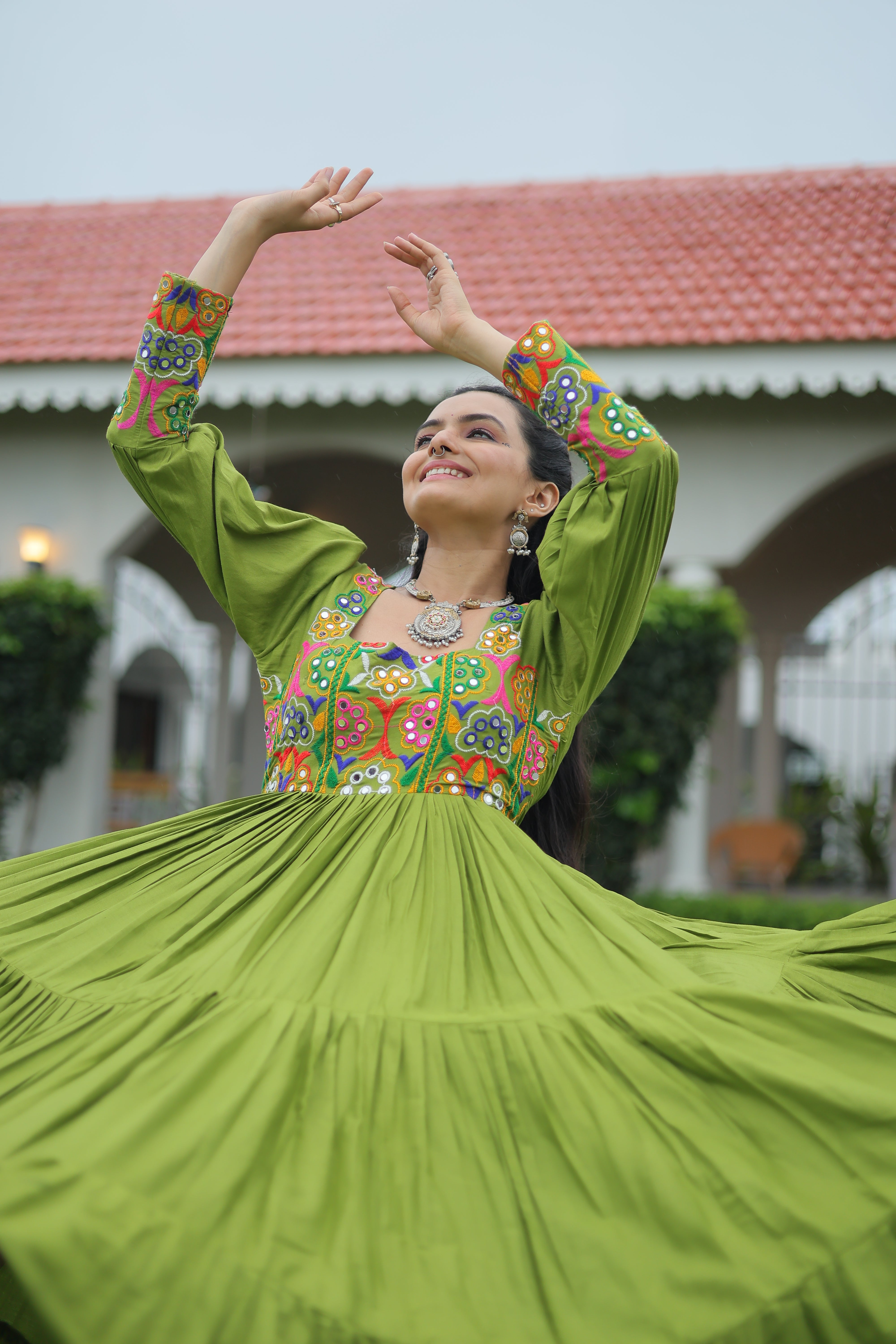 Tiered Anarkali Dress with Gujarati Mirror Embroidery