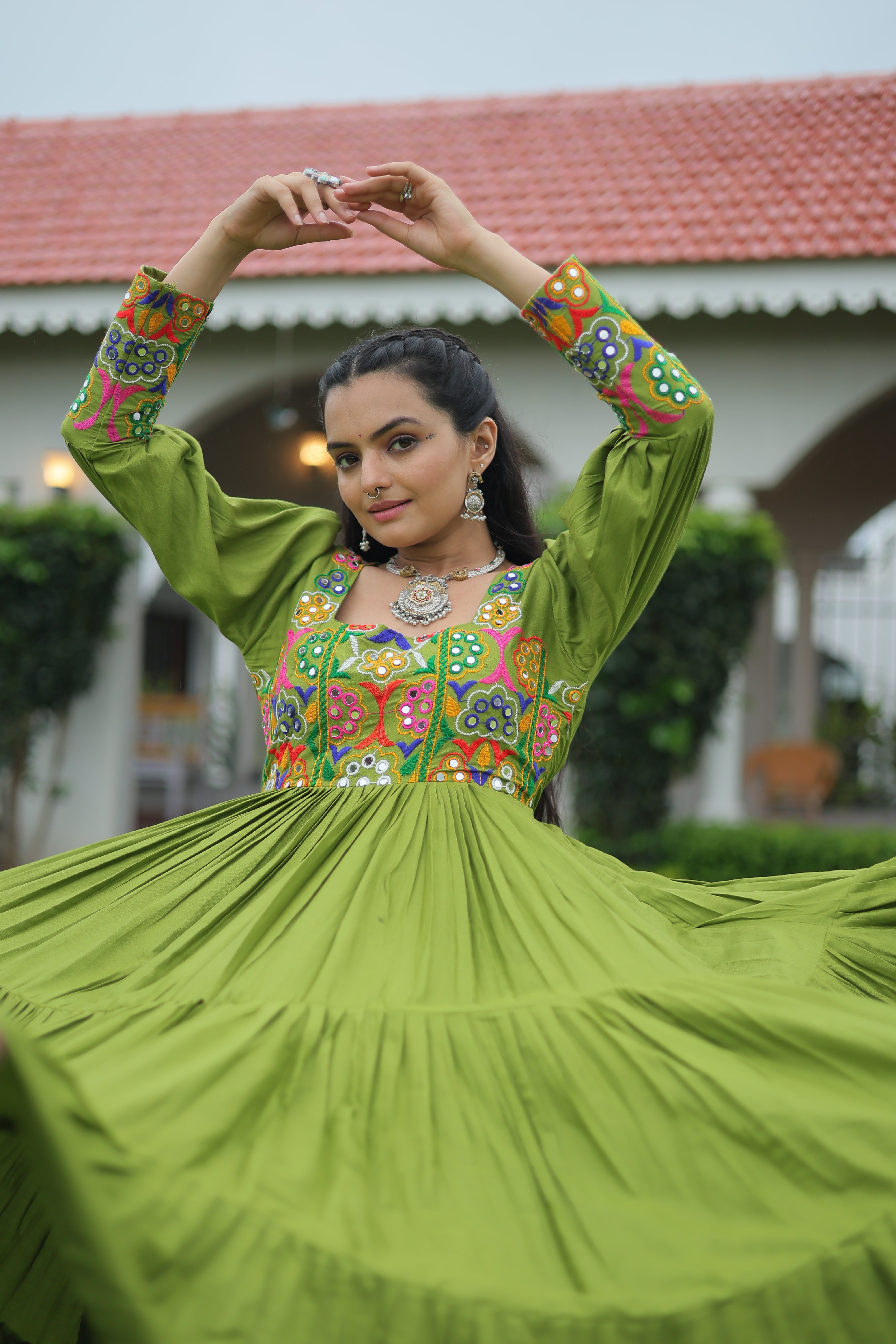 Tiered Anarkali Dress with Gujarati Mirror Embroidery