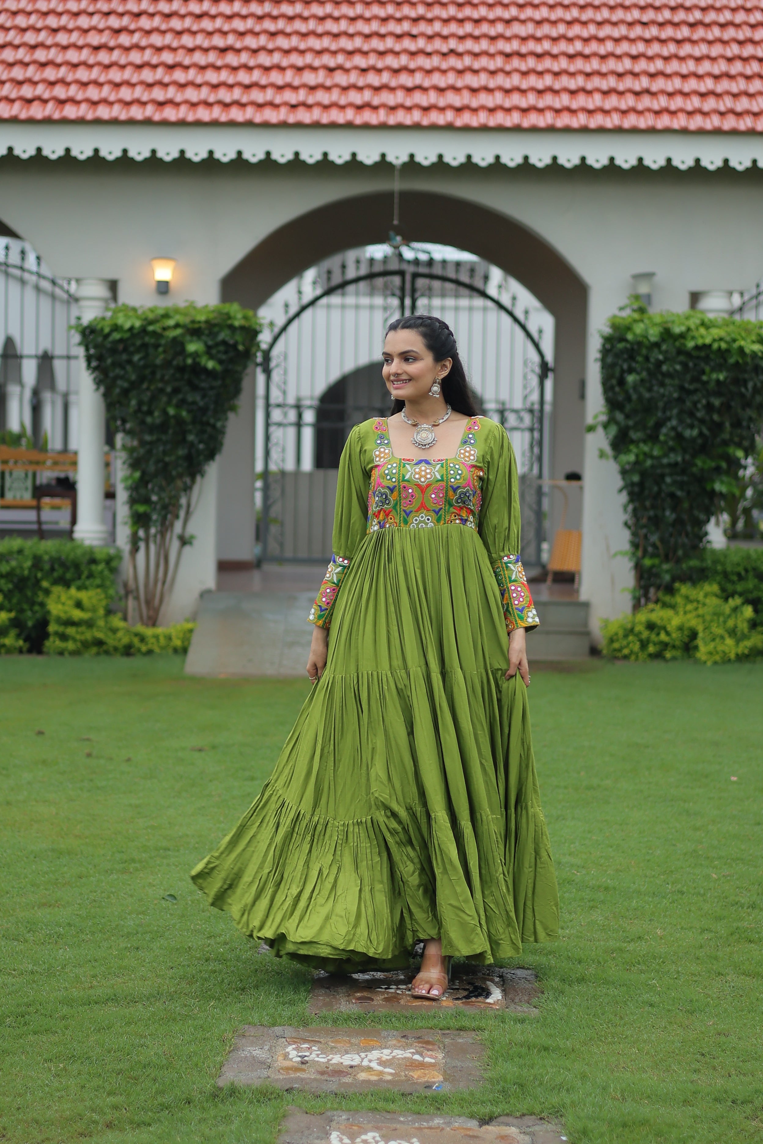 Tiered Anarkali Dress with Gujarati Mirror Embroidery