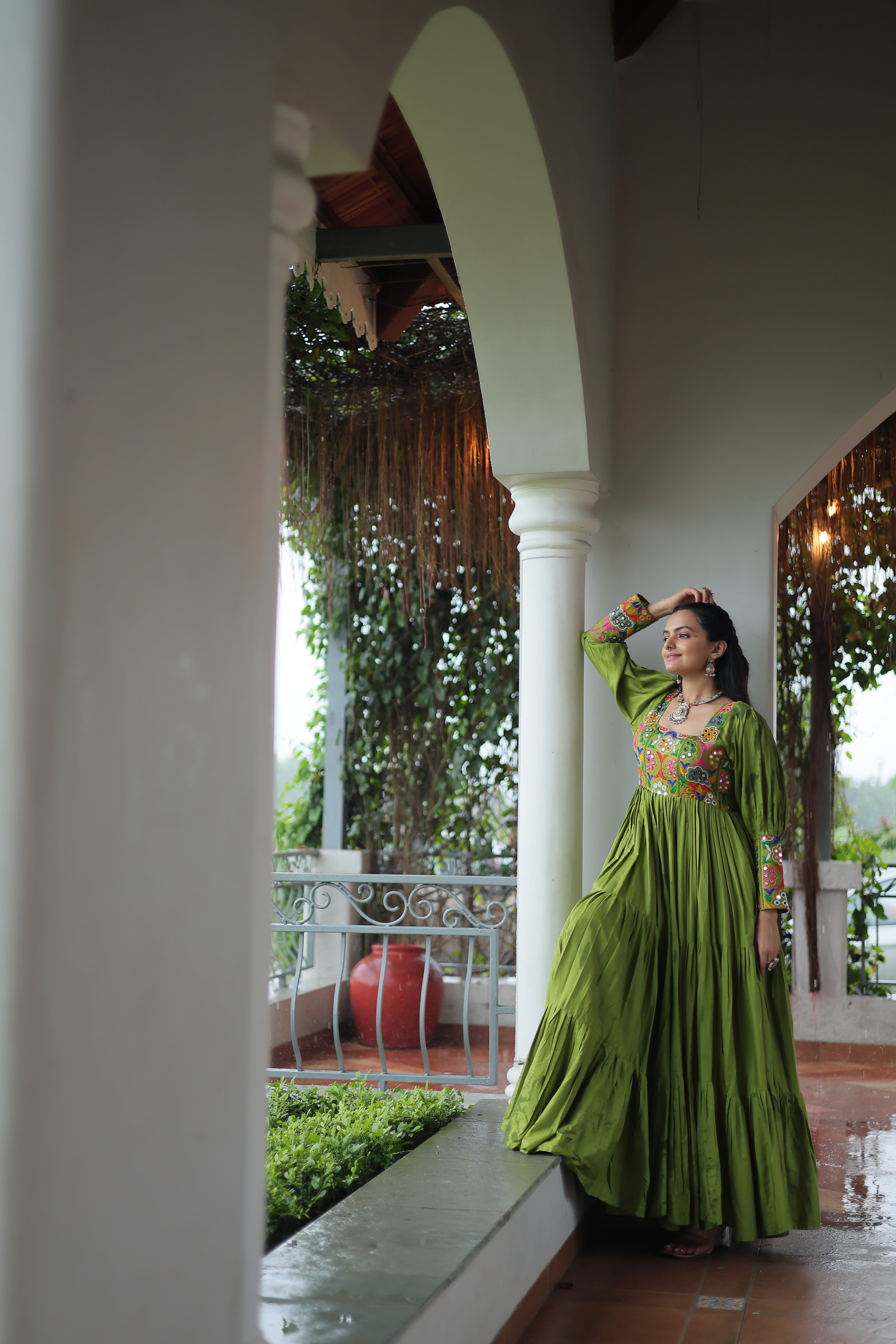 Tiered Anarkali Dress with Gujarati Mirror Embroidery
