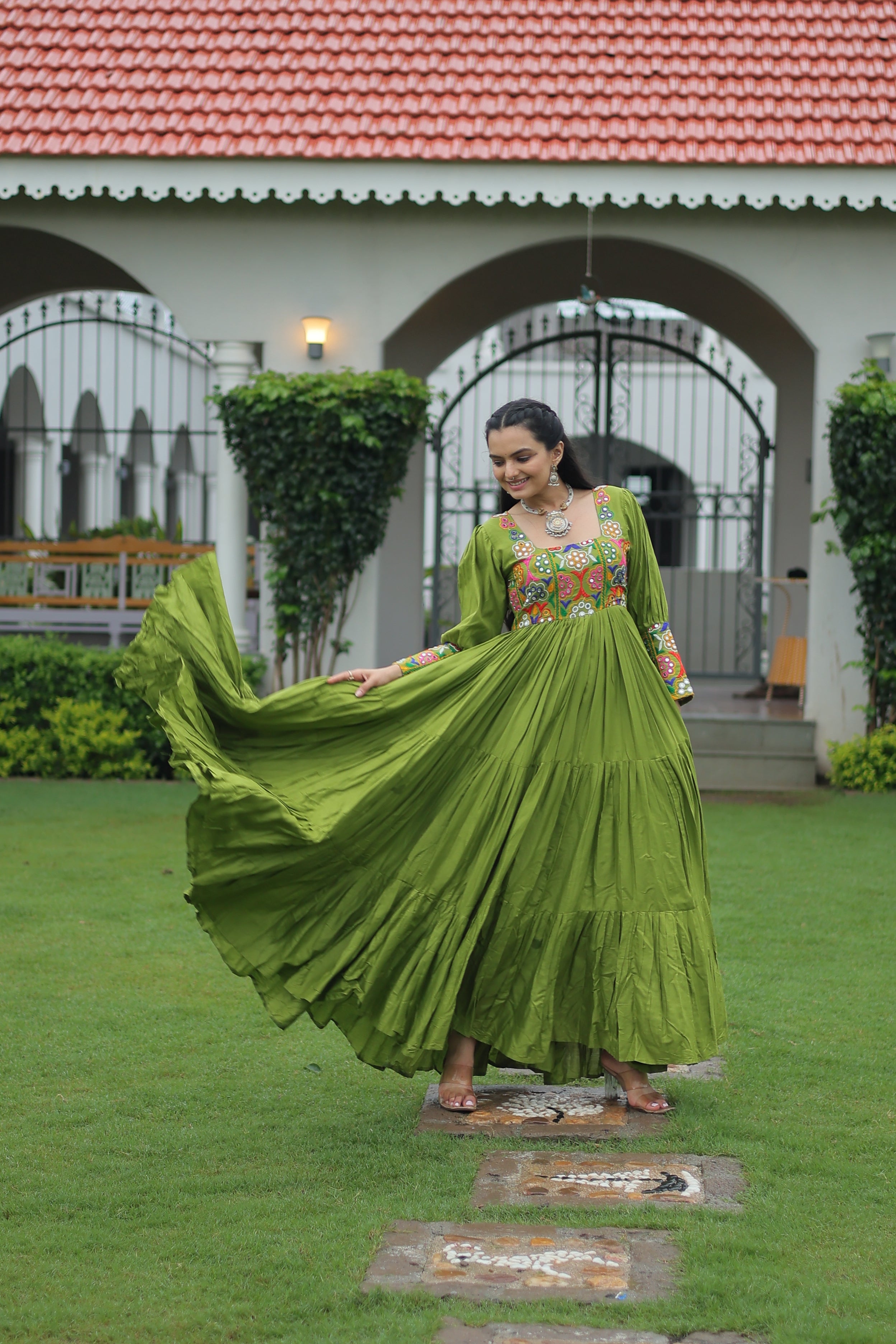 Tiered Anarkali Dress with Gujarati Mirror Embroidery