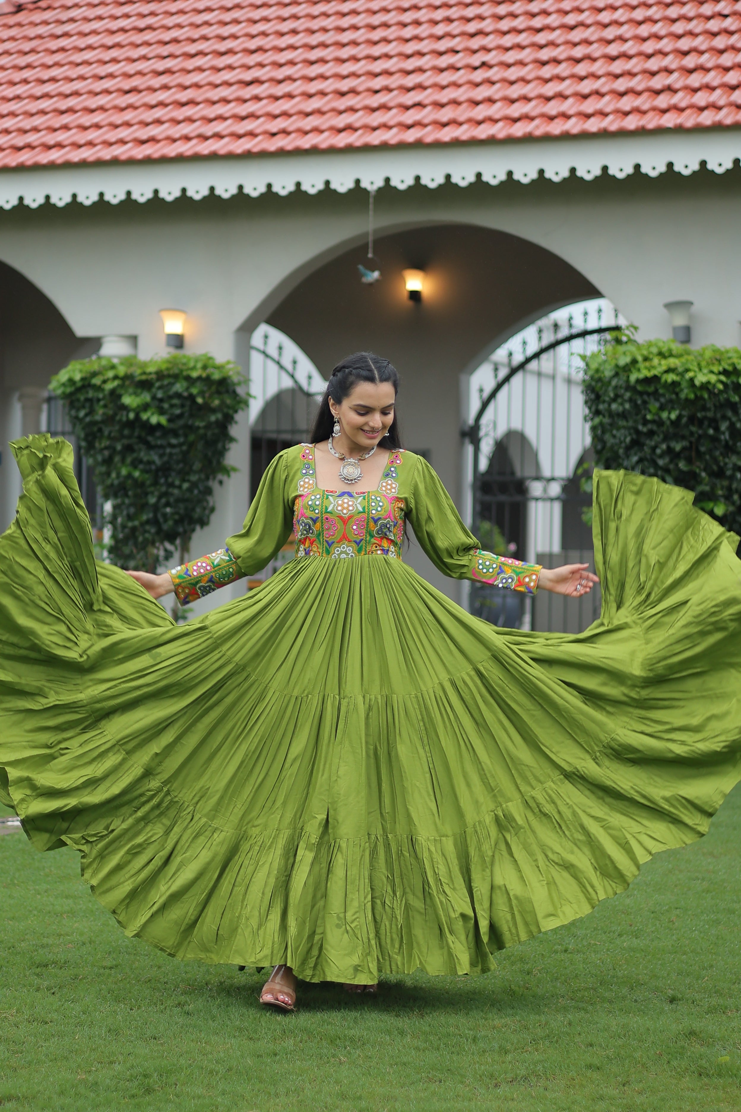 Tiered Anarkali Dress with Gujarati Mirror Embroidery