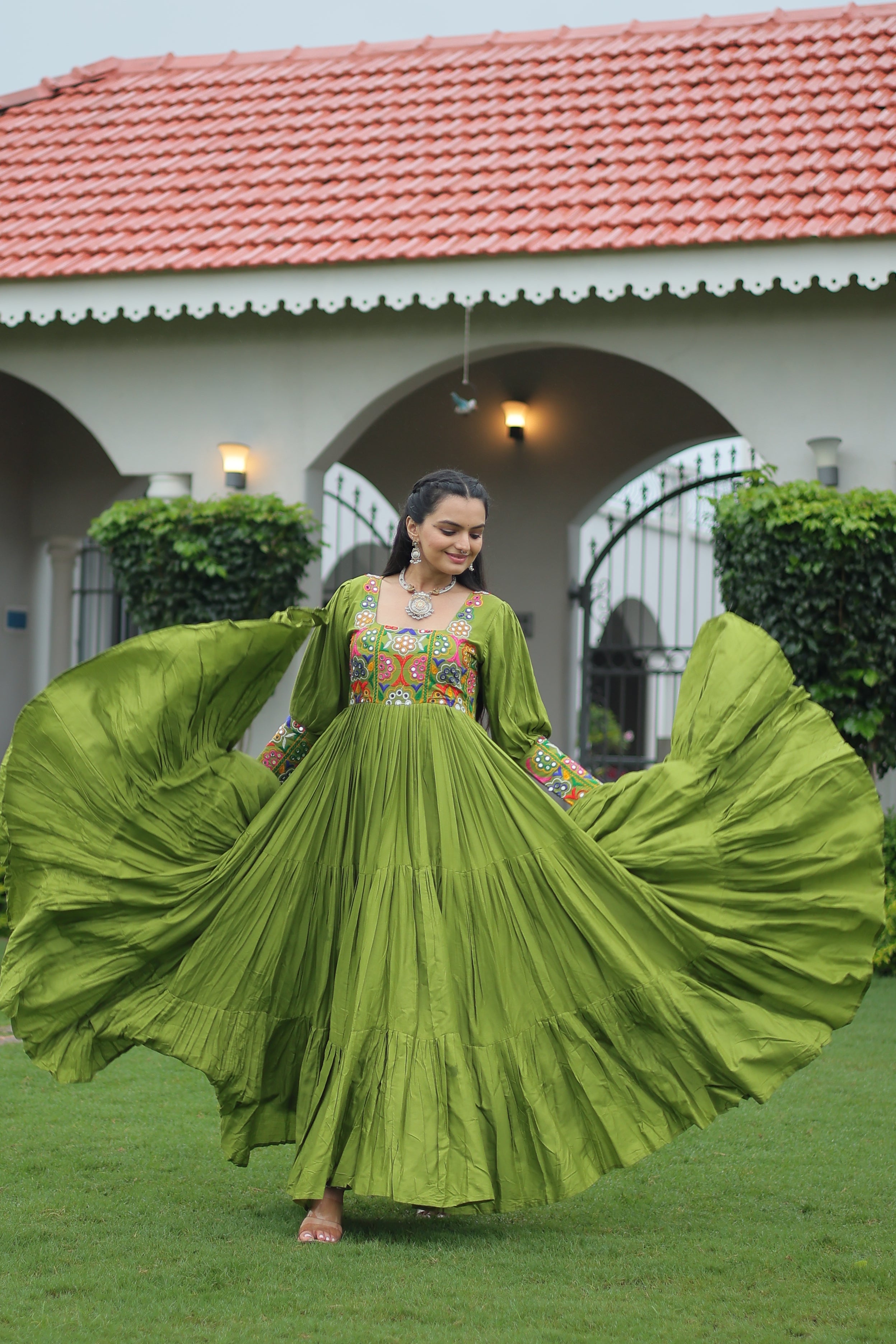 Tiered Anarkali Dress with Gujarati Mirror Embroidery