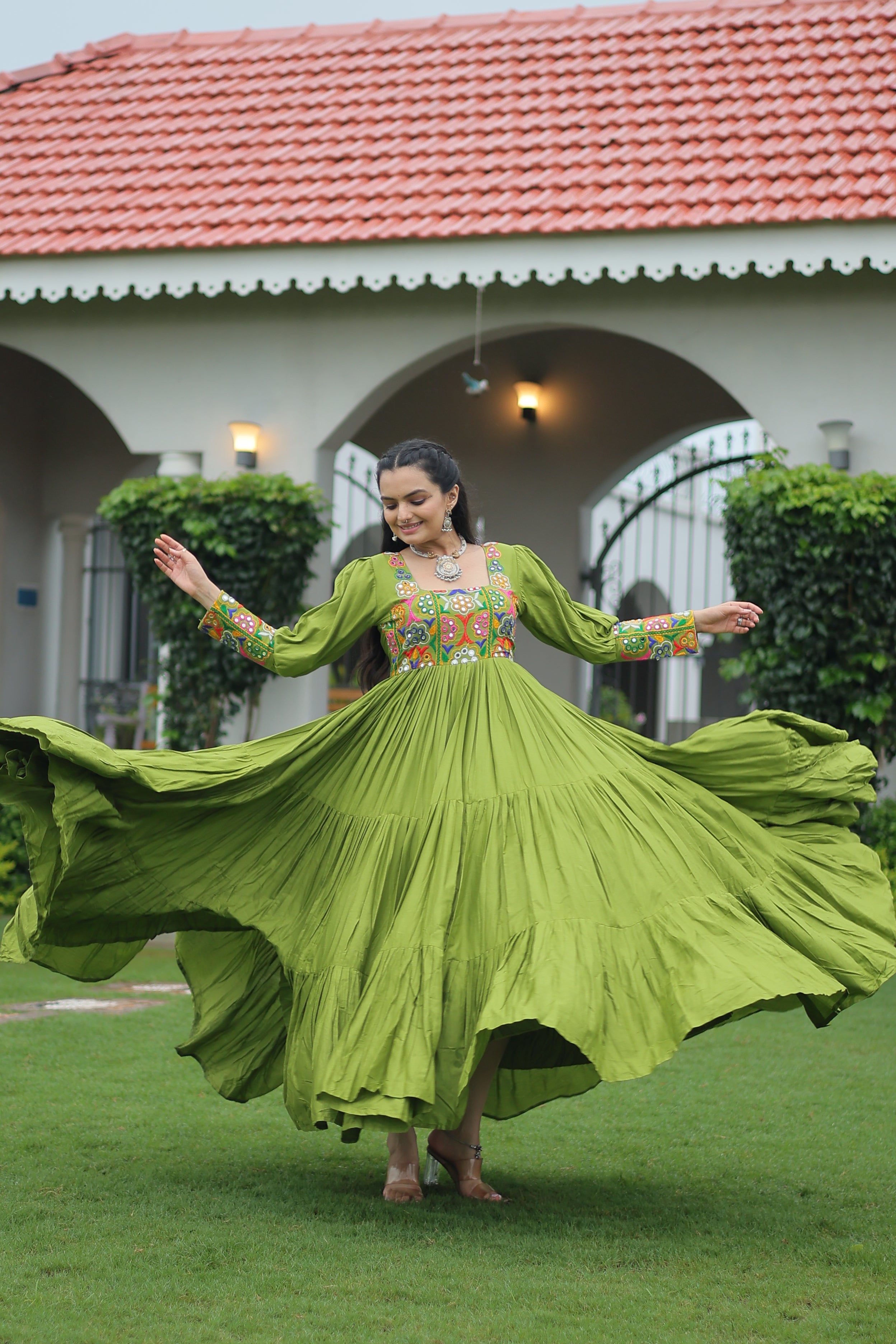 Tiered Anarkali Dress with Gujarati Mirror Embroidery