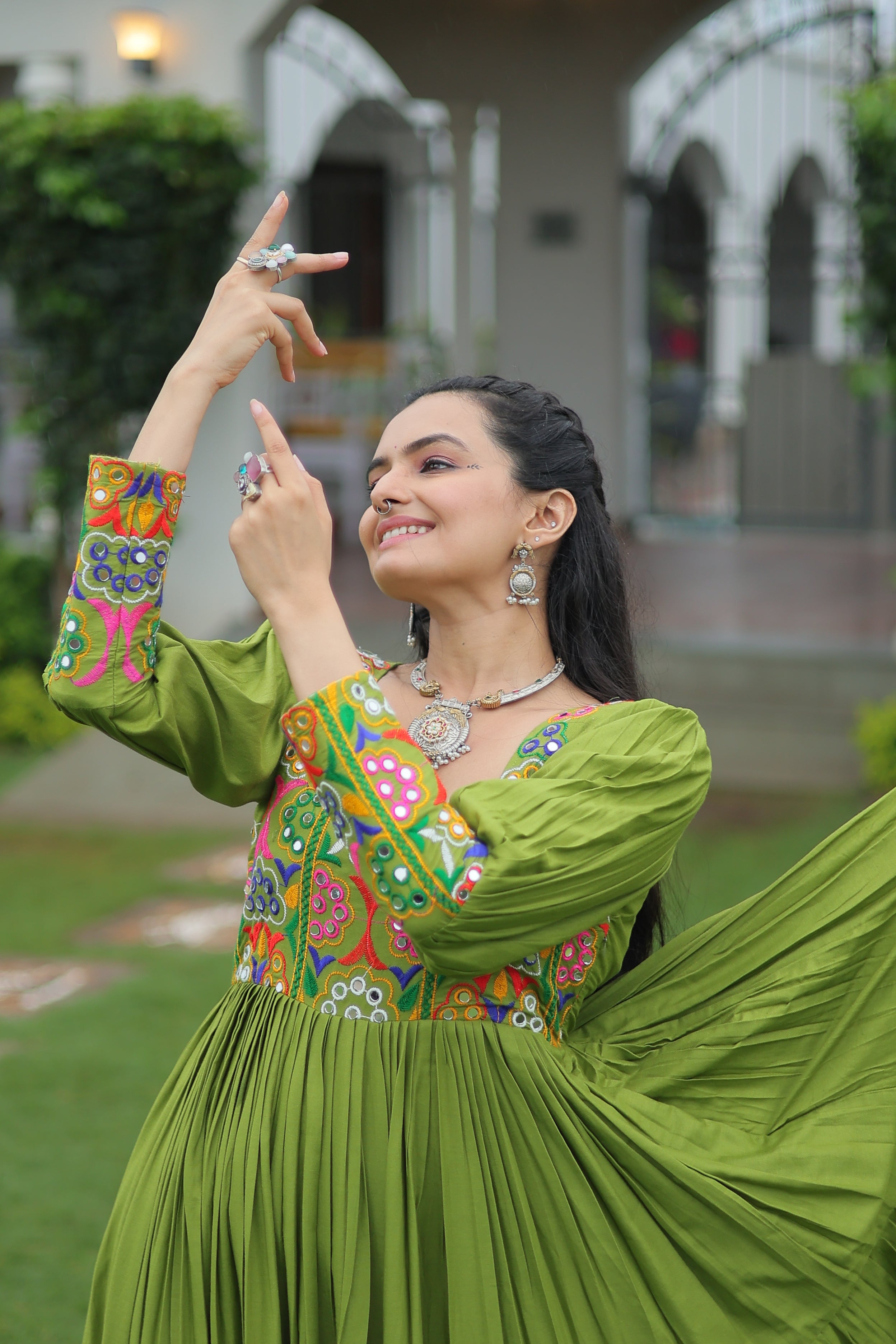 Tiered Anarkali Dress with Gujarati Mirror Embroidery