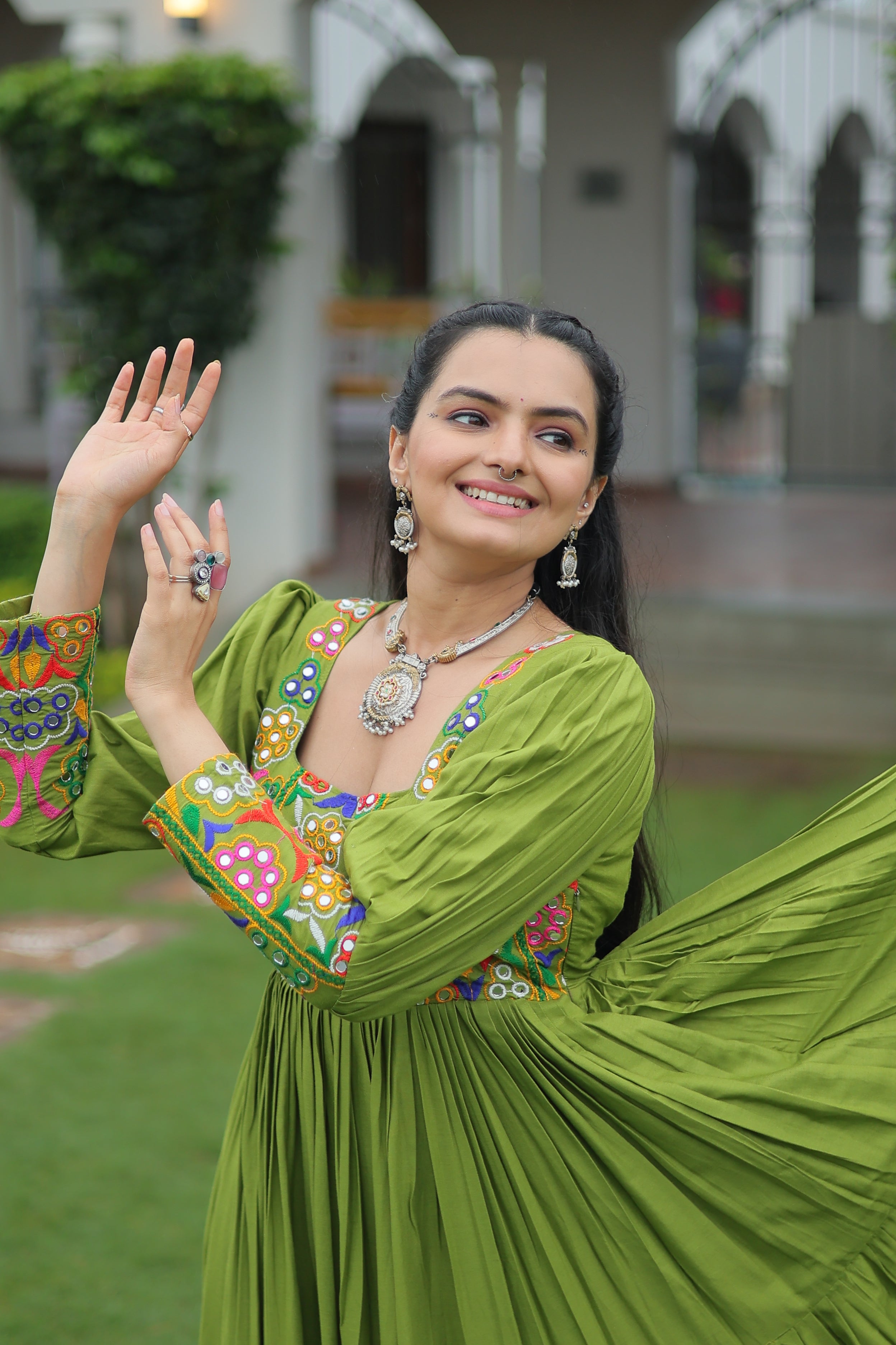 Tiered Anarkali Dress with Gujarati Mirror Embroidery