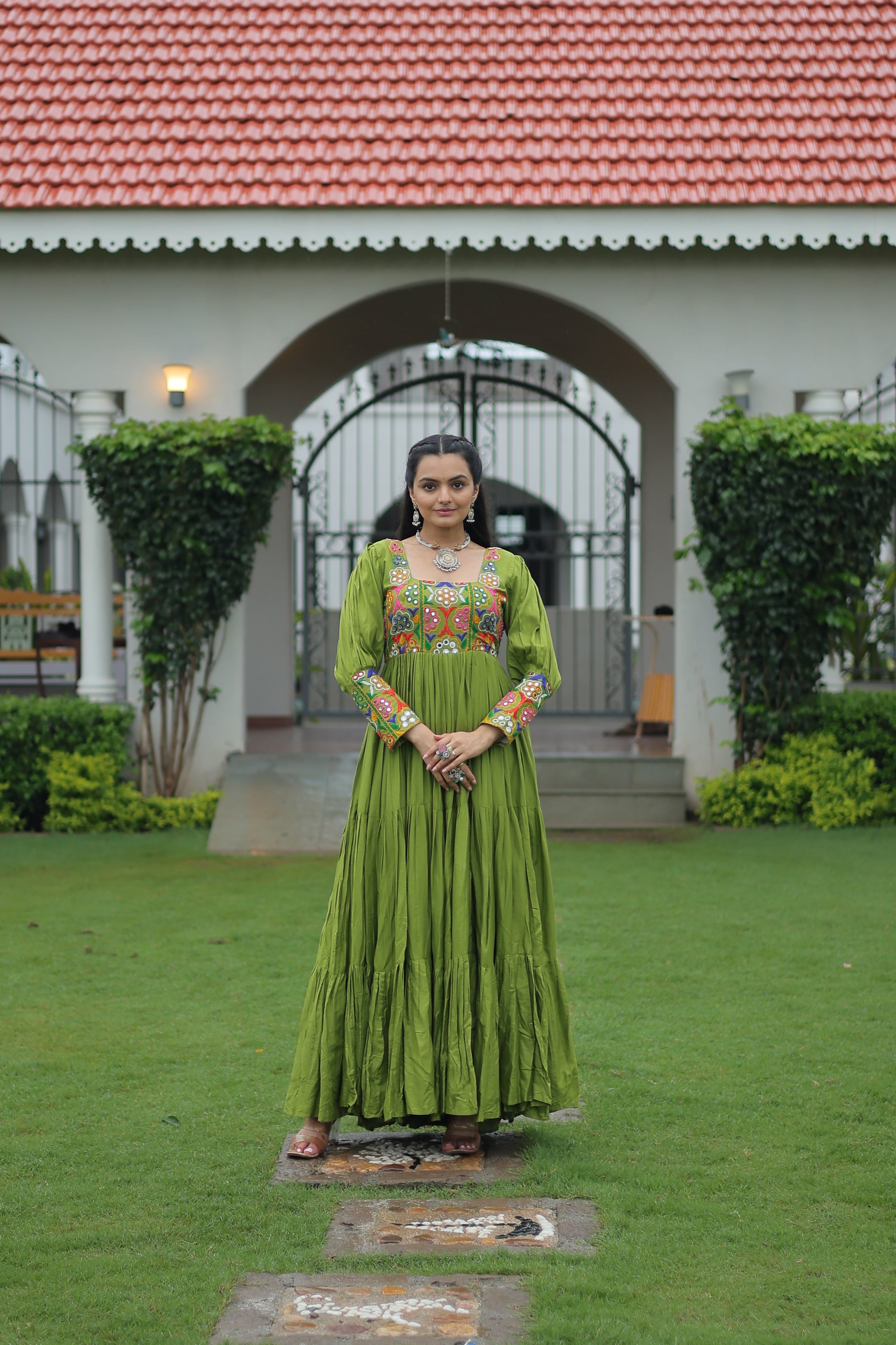 Tiered Anarkali Dress with Gujarati Mirror Embroidery