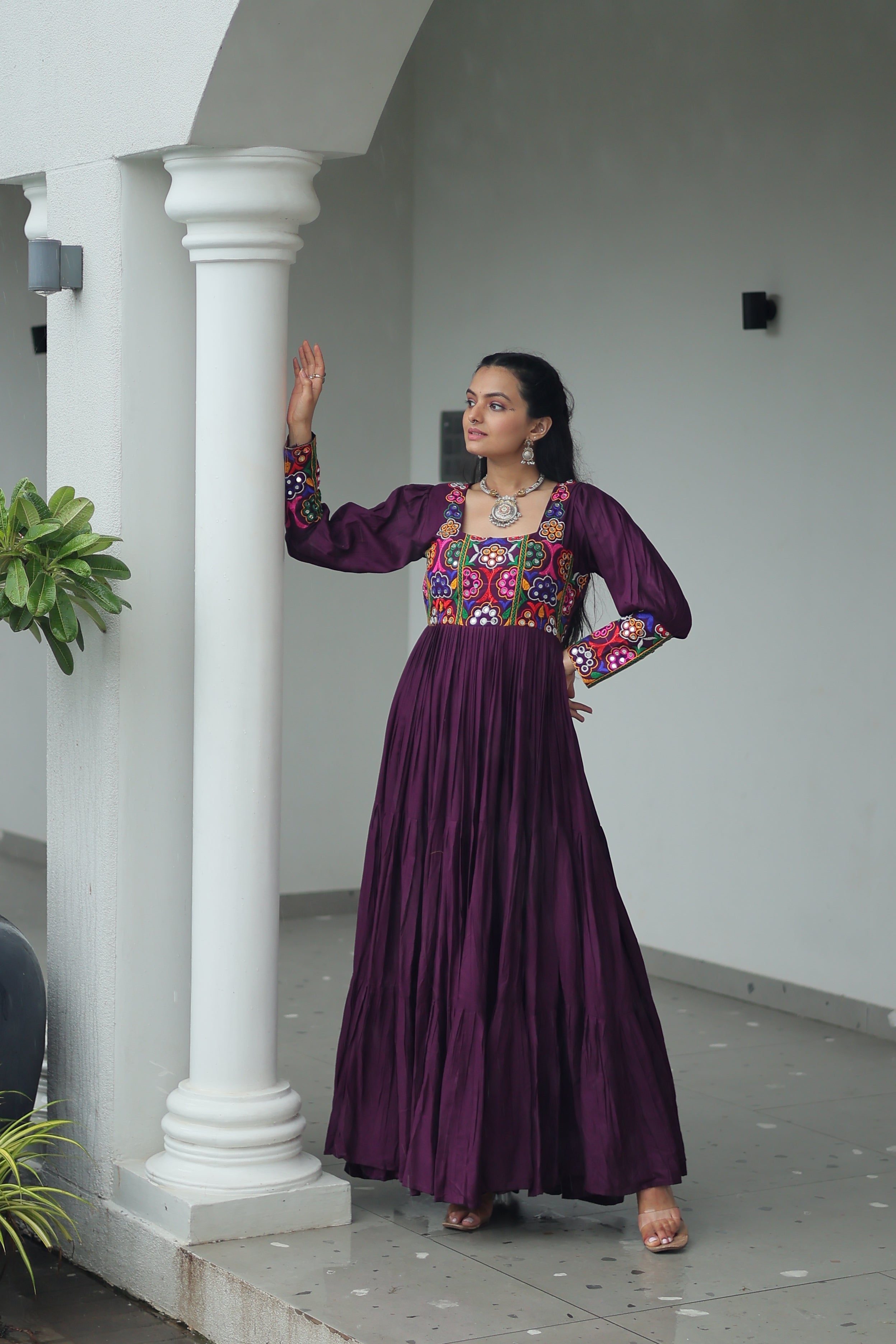 Tiered Anarkali Dress with Gujarati Mirror Embroidery
