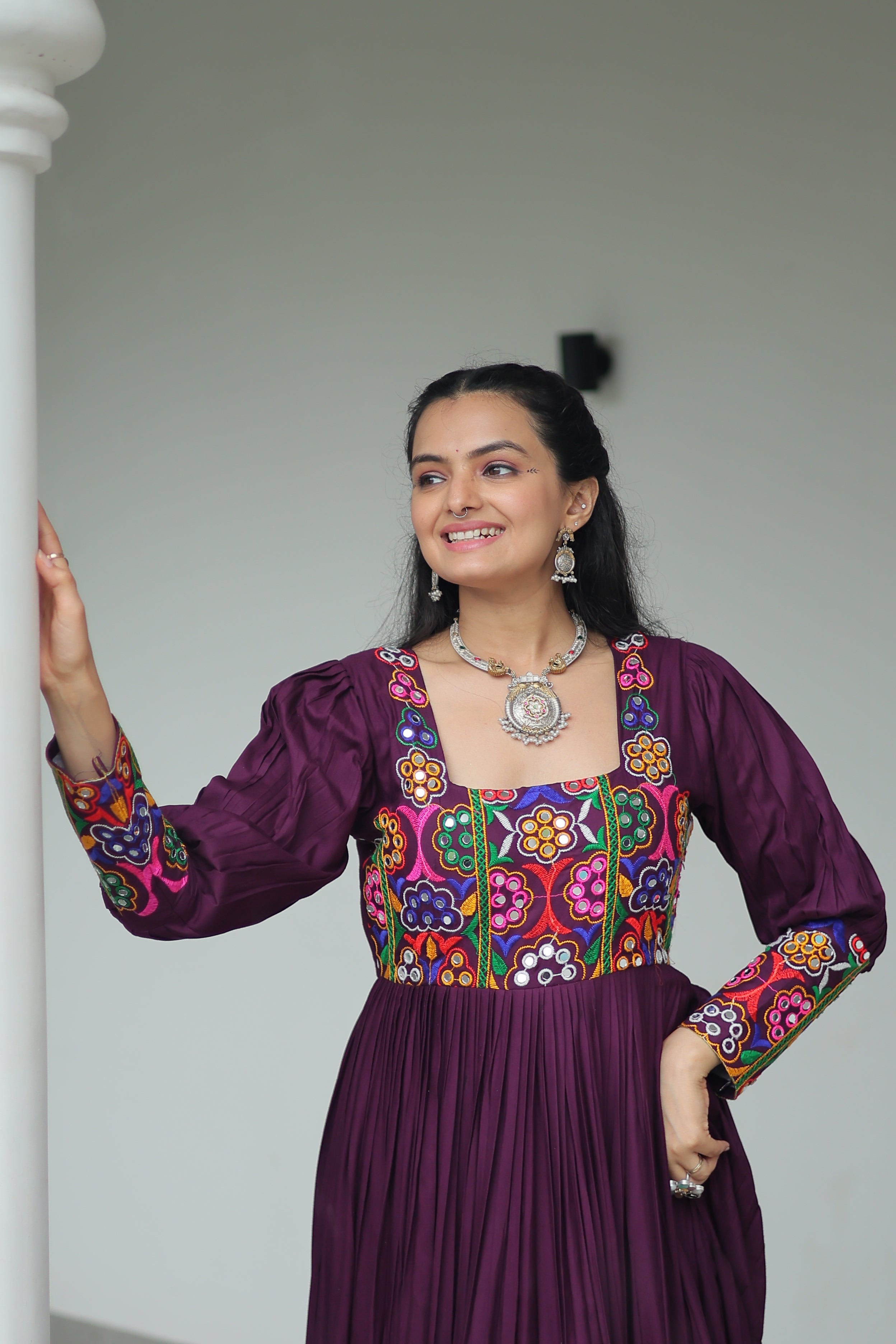 Tiered Anarkali Dress with Gujarati Mirror Embroidery