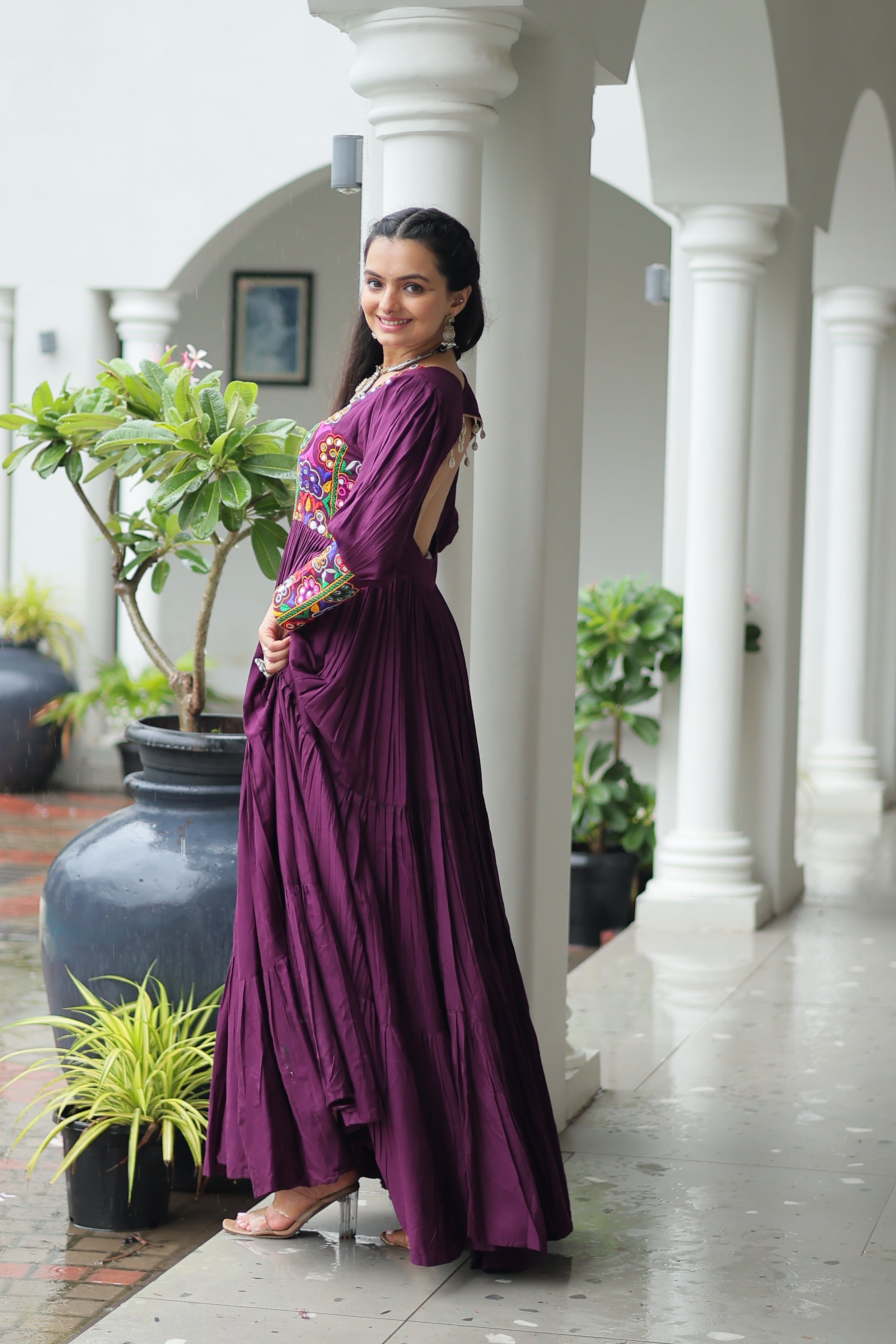 Tiered Anarkali Dress with Gujarati Mirror Embroidery