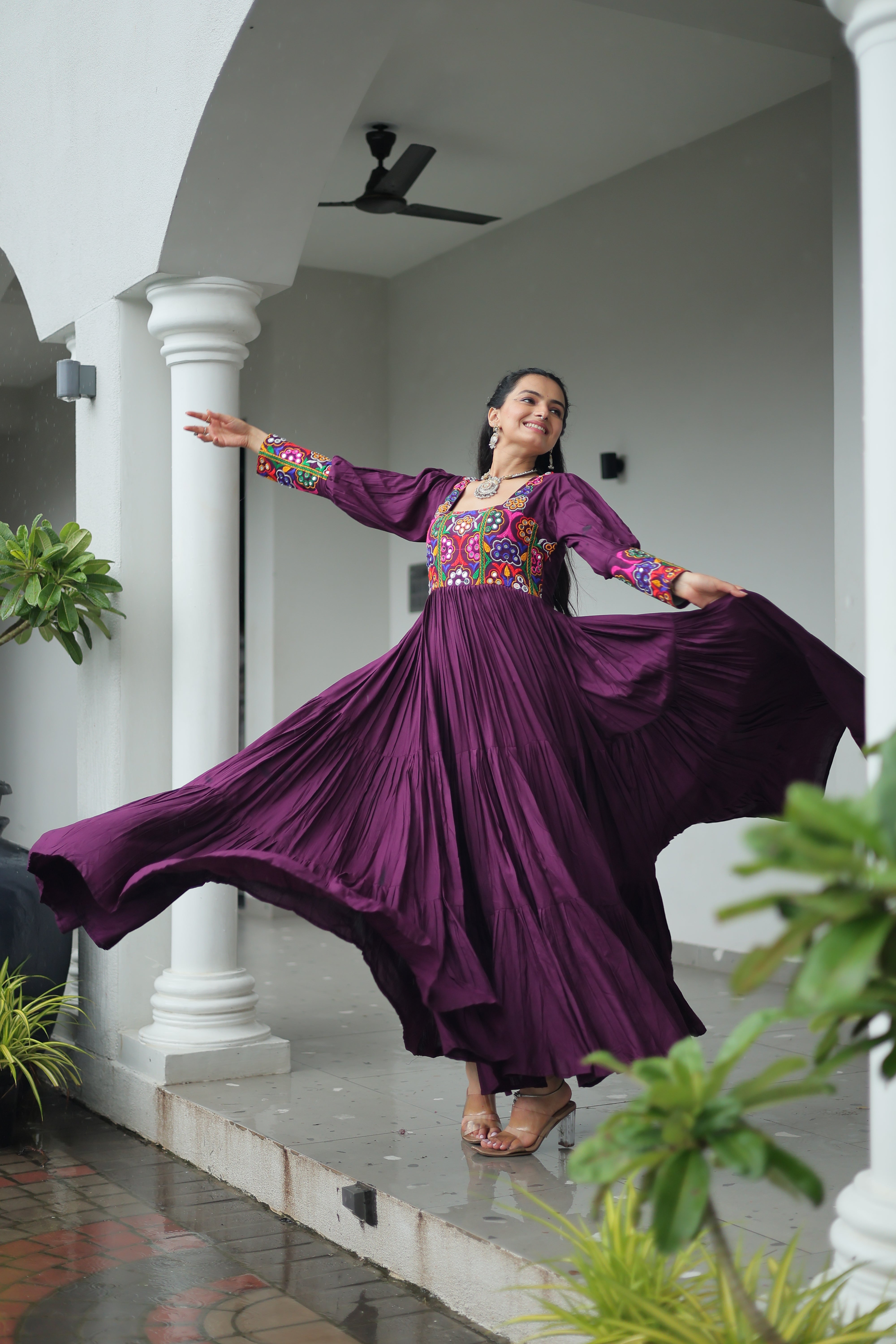 Tiered Anarkali Dress with Gujarati Mirror Embroidery