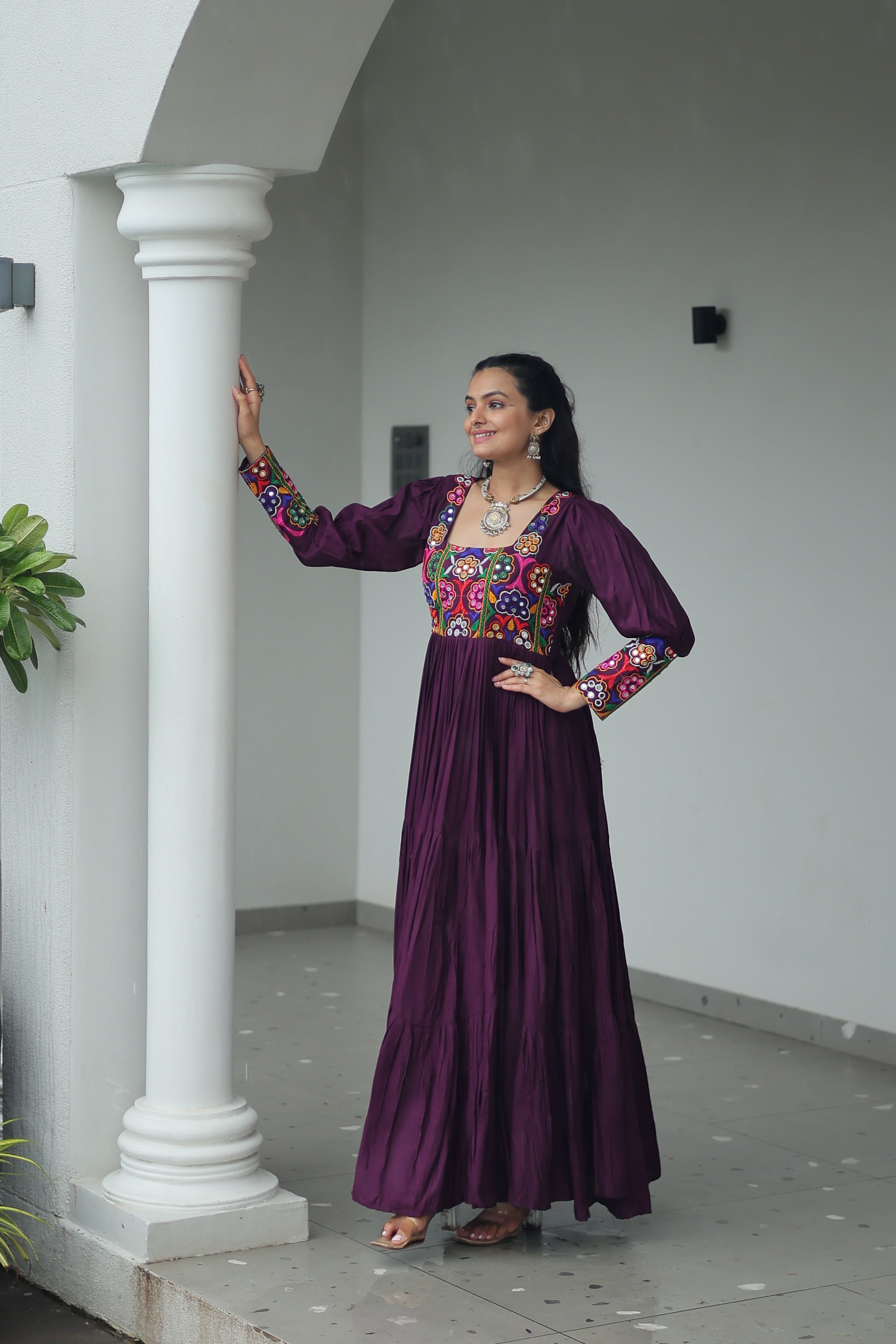 Tiered Anarkali Dress with Gujarati Mirror Embroidery