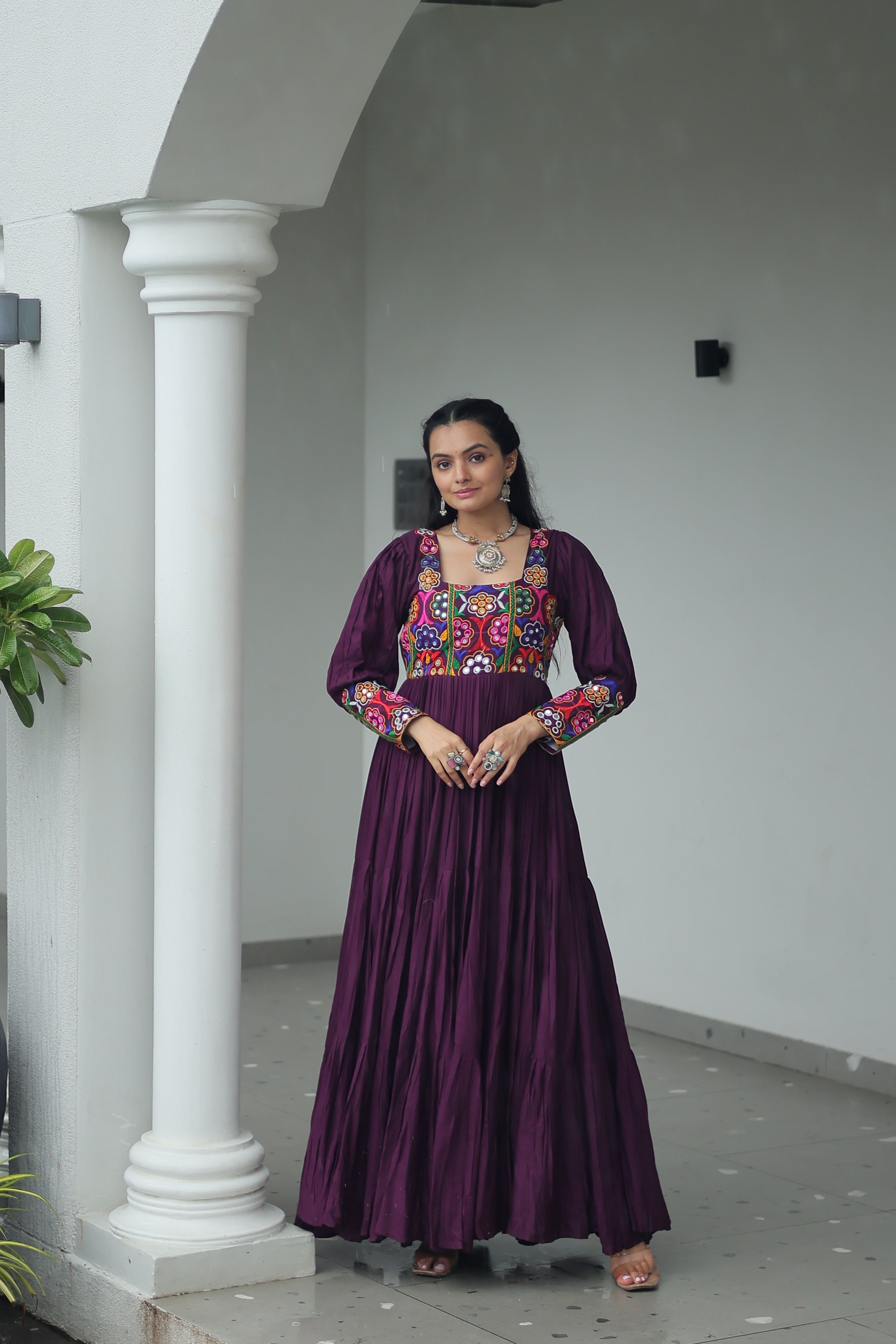Tiered Anarkali Dress with Gujarati Mirror Embroidery