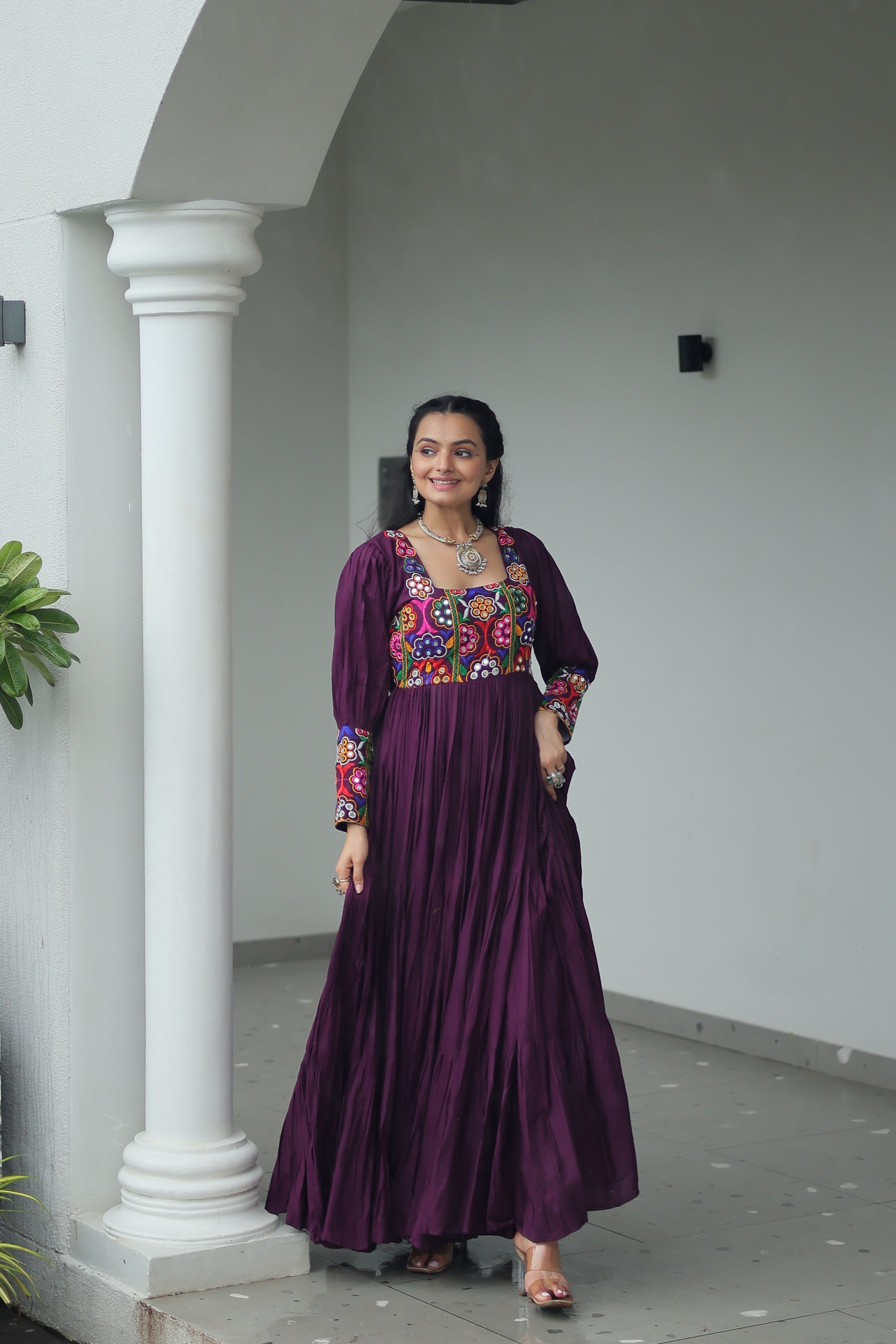 Tiered Anarkali Dress with Gujarati Mirror Embroidery