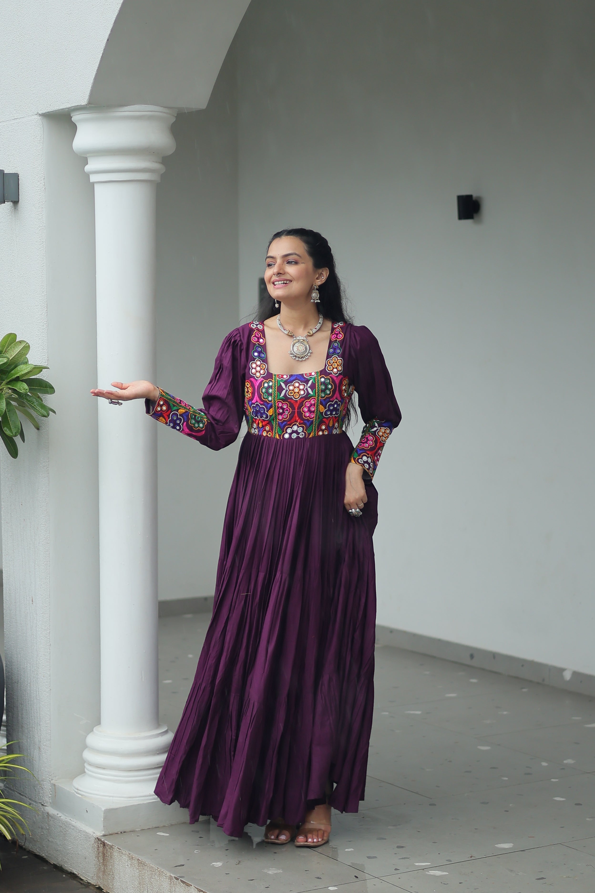 Tiered Anarkali Dress with Gujarati Mirror Embroidery