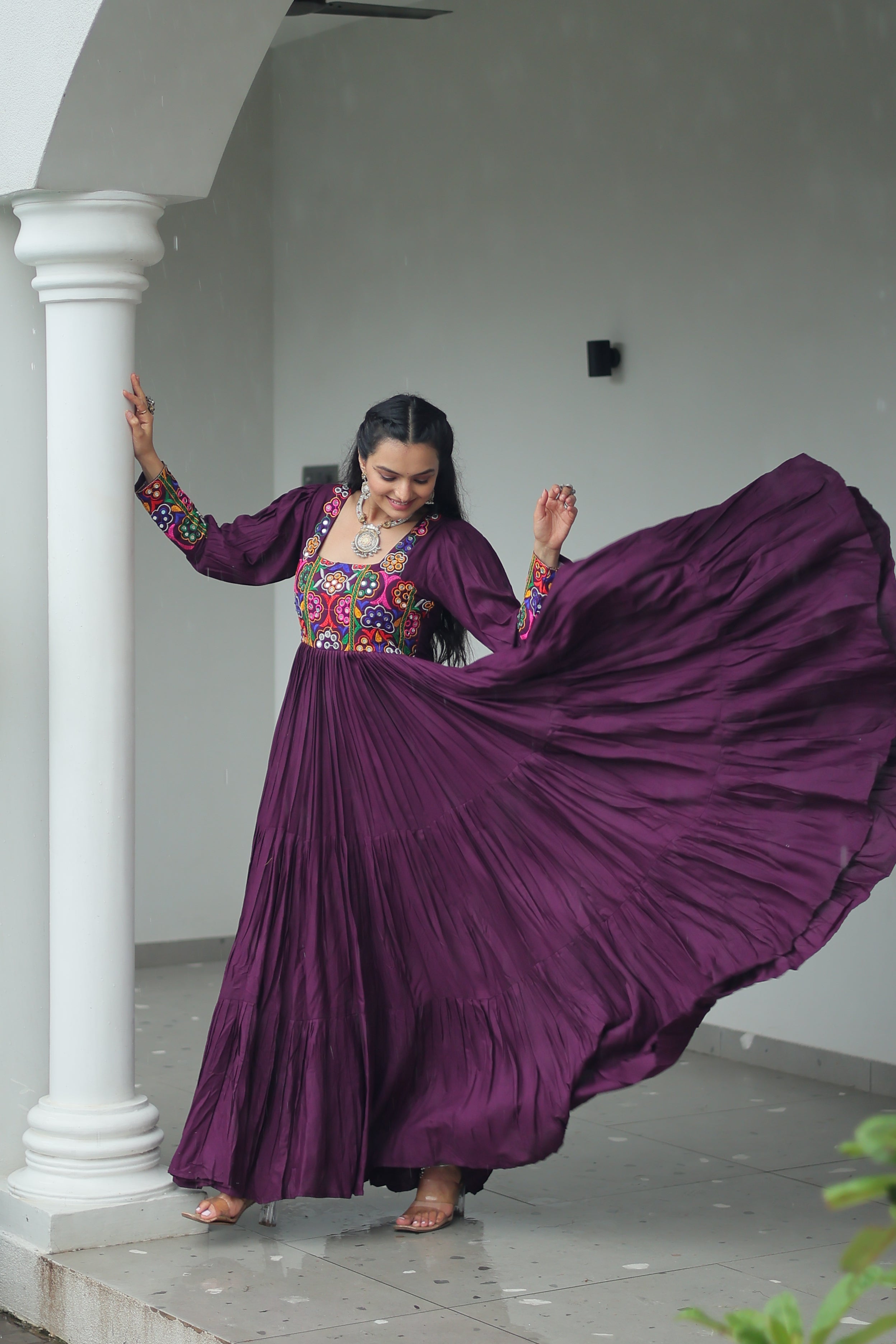 Tiered Anarkali Dress with Gujarati Mirror Embroidery