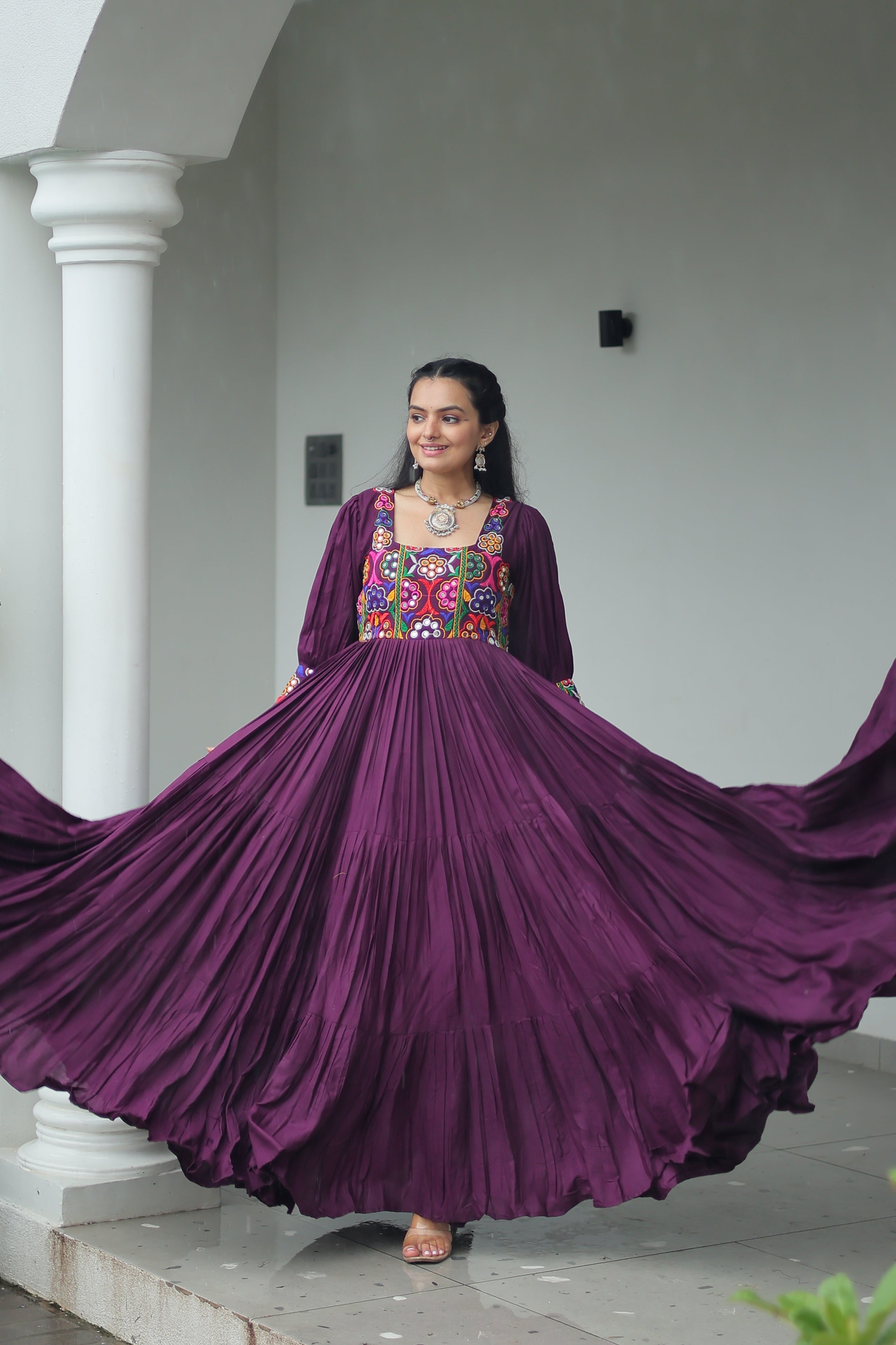 Tiered Anarkali Dress with Gujarati Mirror Embroidery