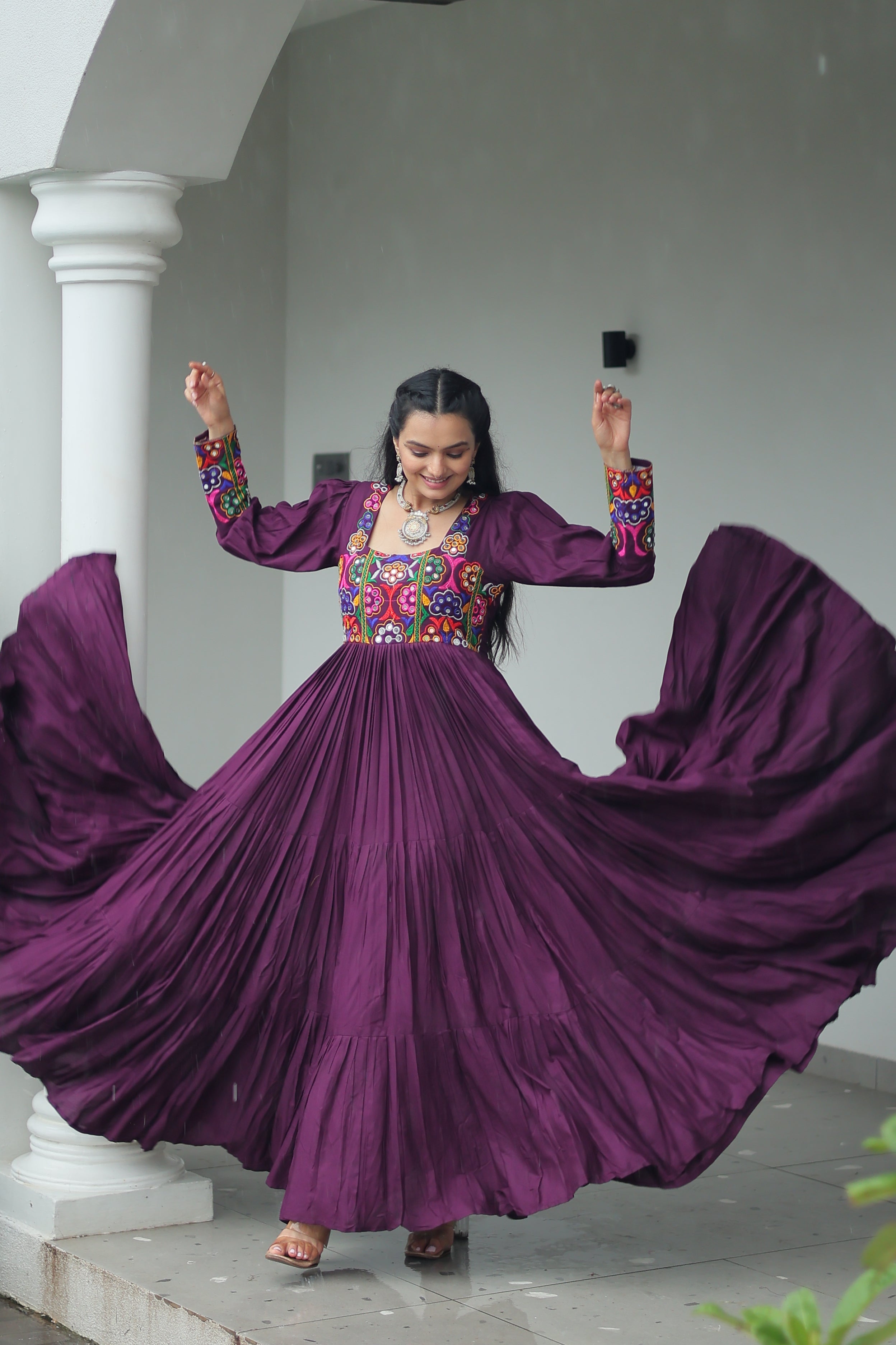 Tiered Anarkali Dress with Gujarati Mirror Embroidery