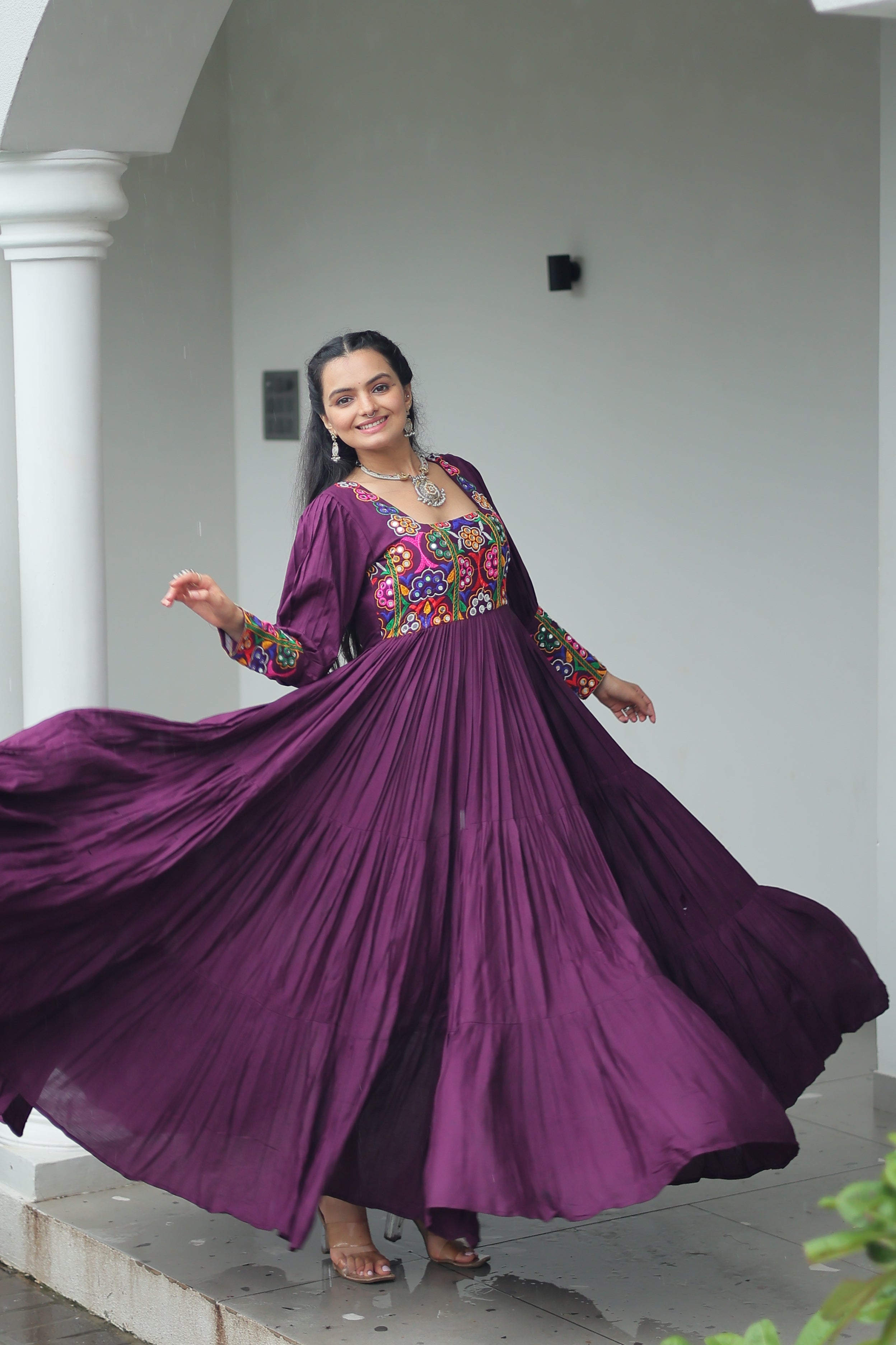 Tiered Anarkali Dress with Gujarati Mirror Embroidery