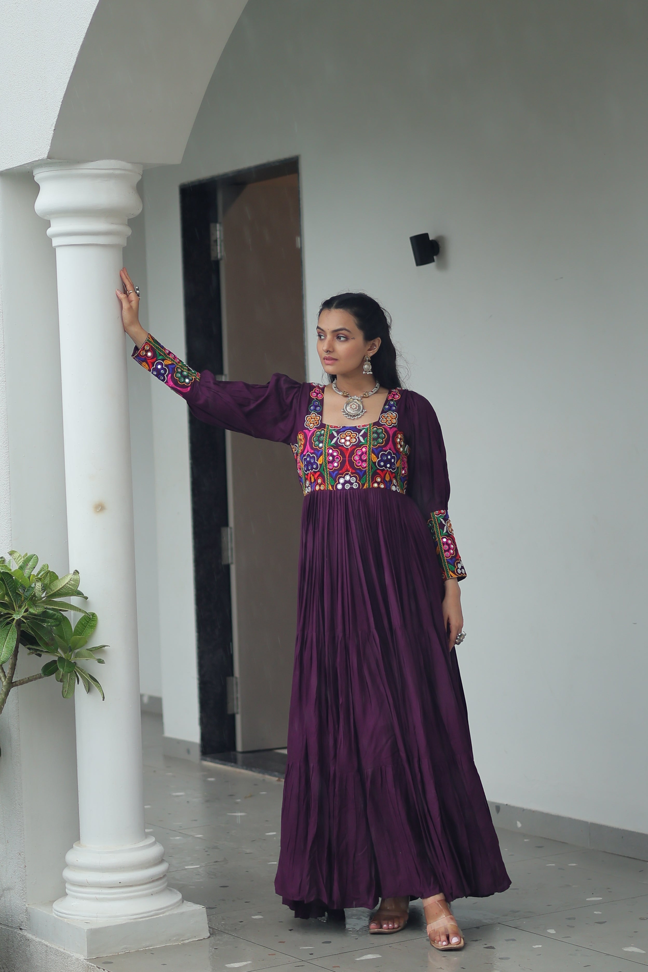 Tiered Anarkali Dress with Gujarati Mirror Embroidery