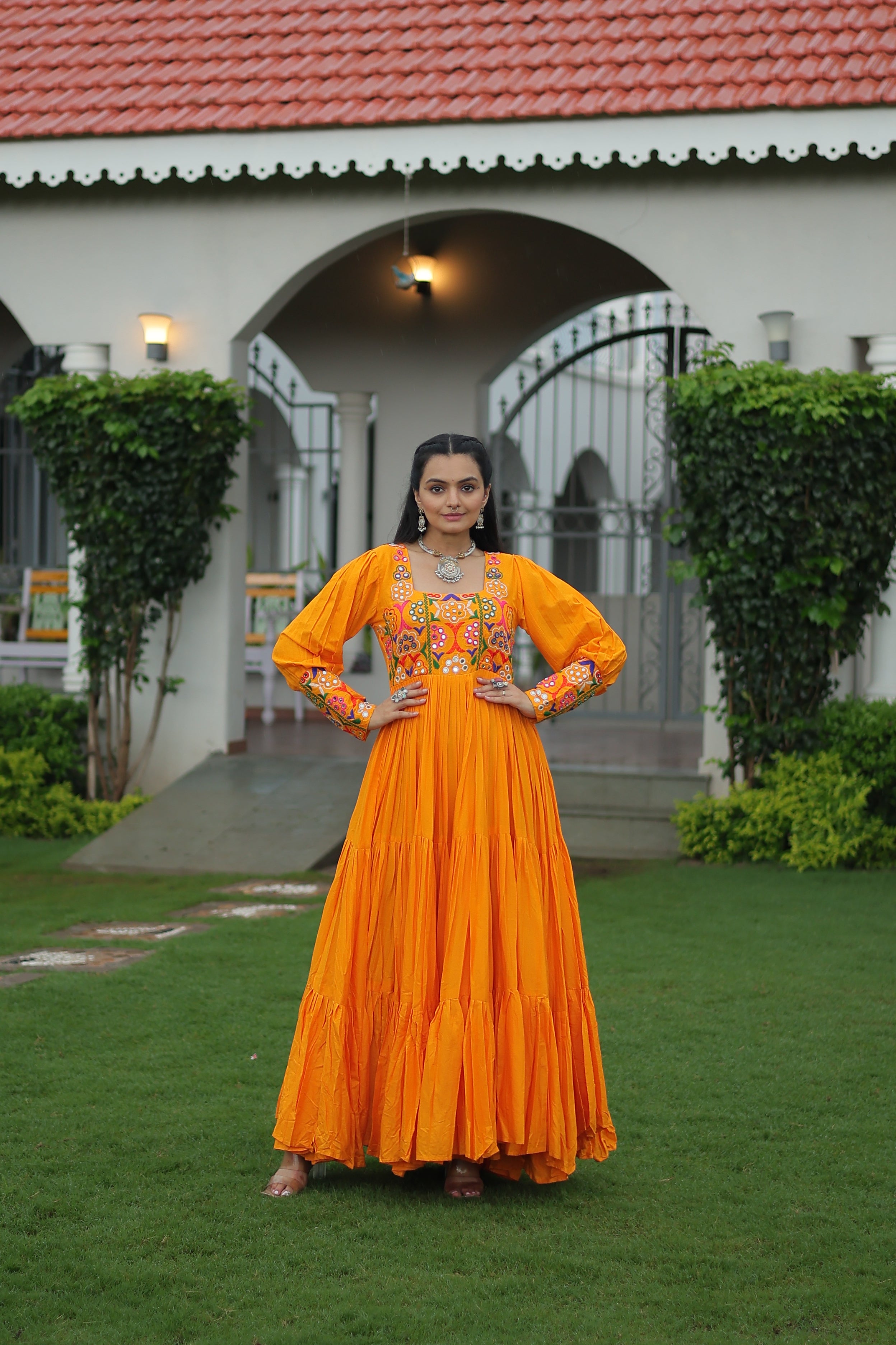 Tiered Anarkali Dress with Gujarati Mirror Embroidery