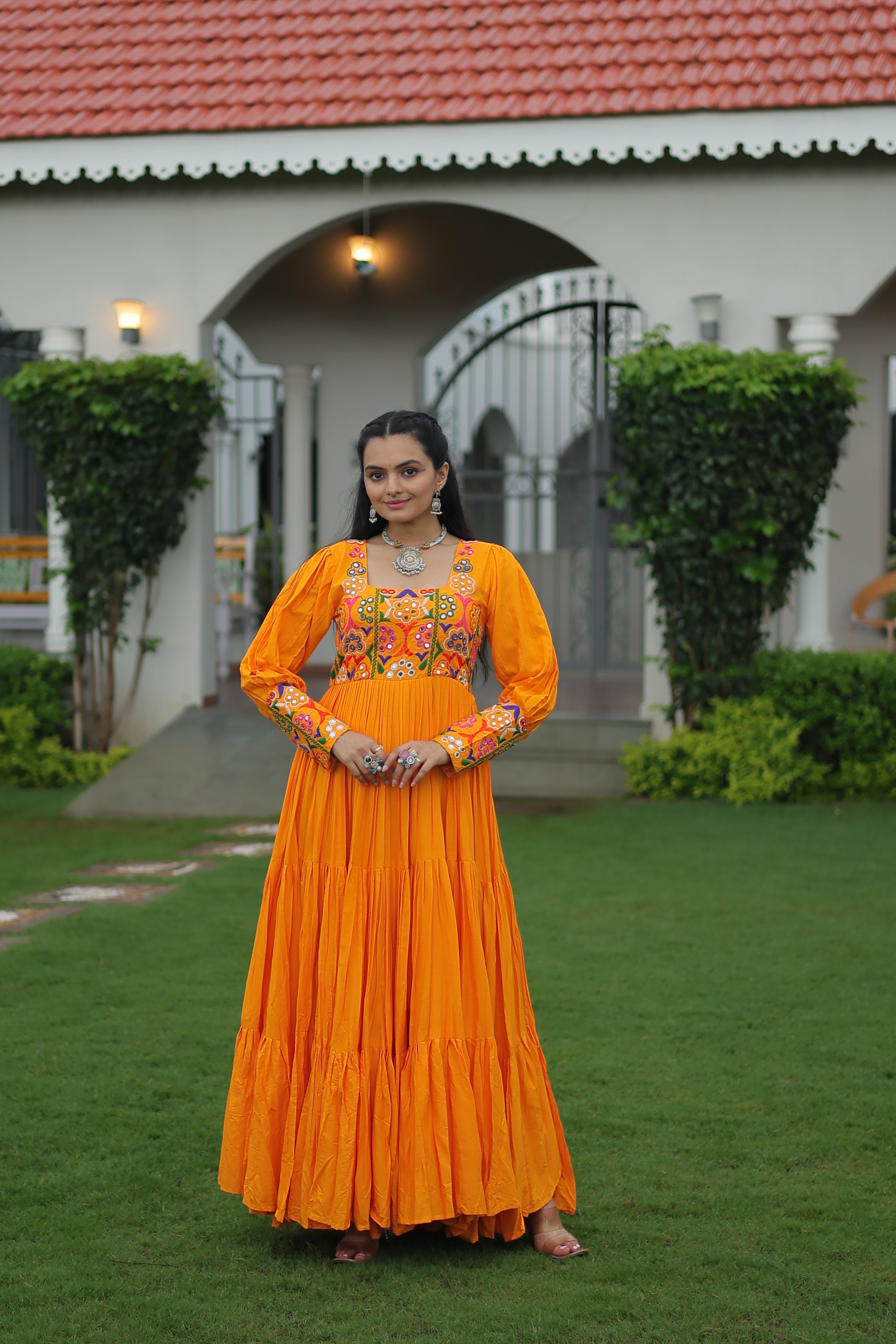 Tiered Anarkali Dress with Gujarati Mirror Embroidery