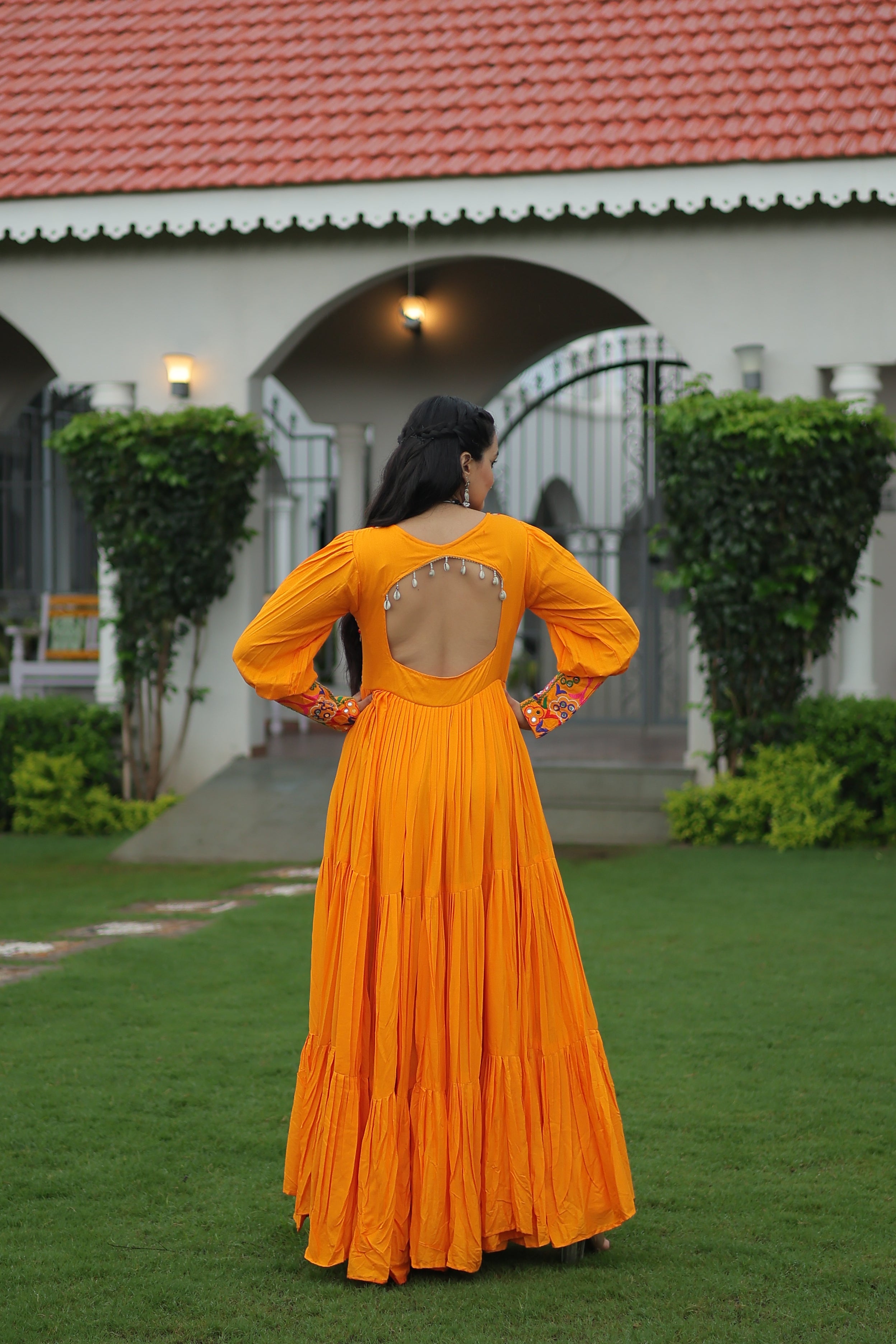 Tiered Anarkali Dress with Gujarati Mirror Embroidery