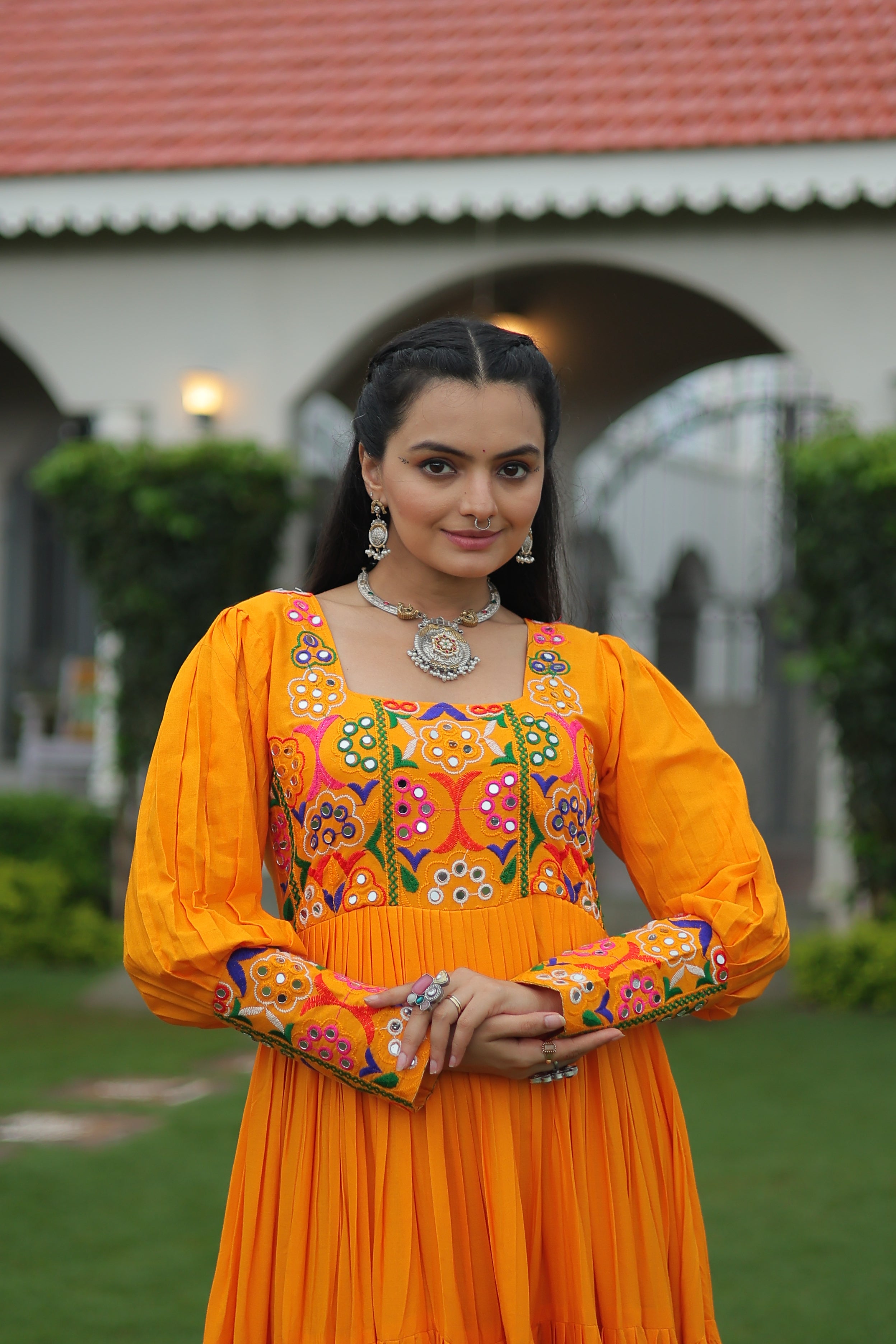 Tiered Anarkali Dress with Gujarati Mirror Embroidery
