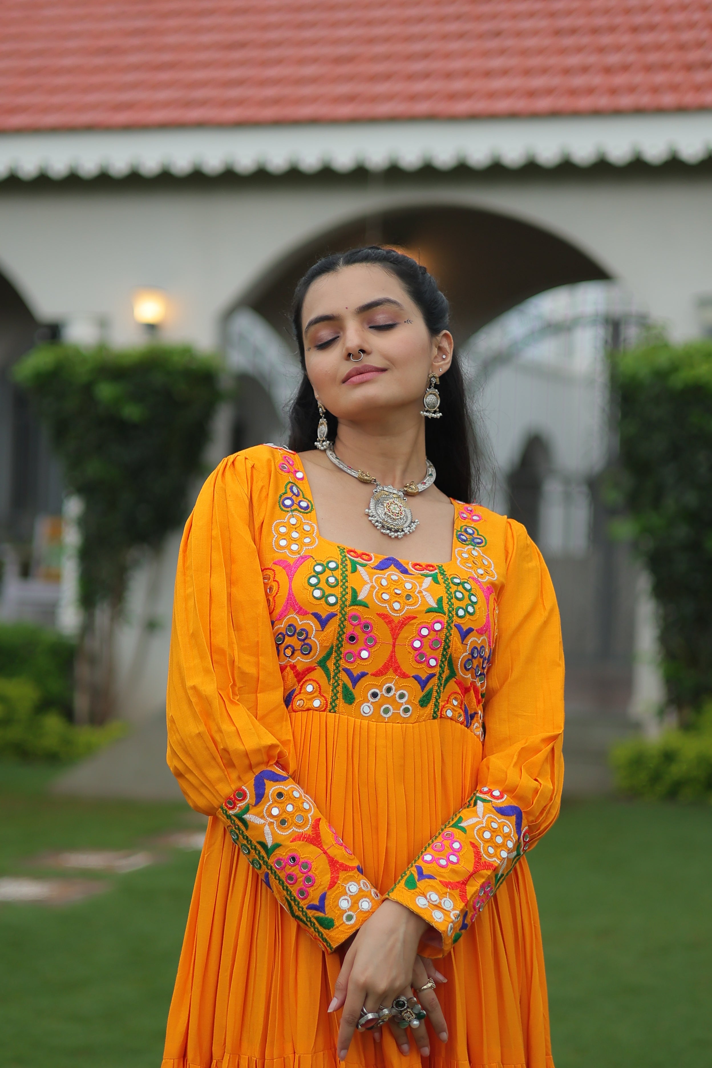 Tiered Anarkali Dress with Gujarati Mirror Embroidery
