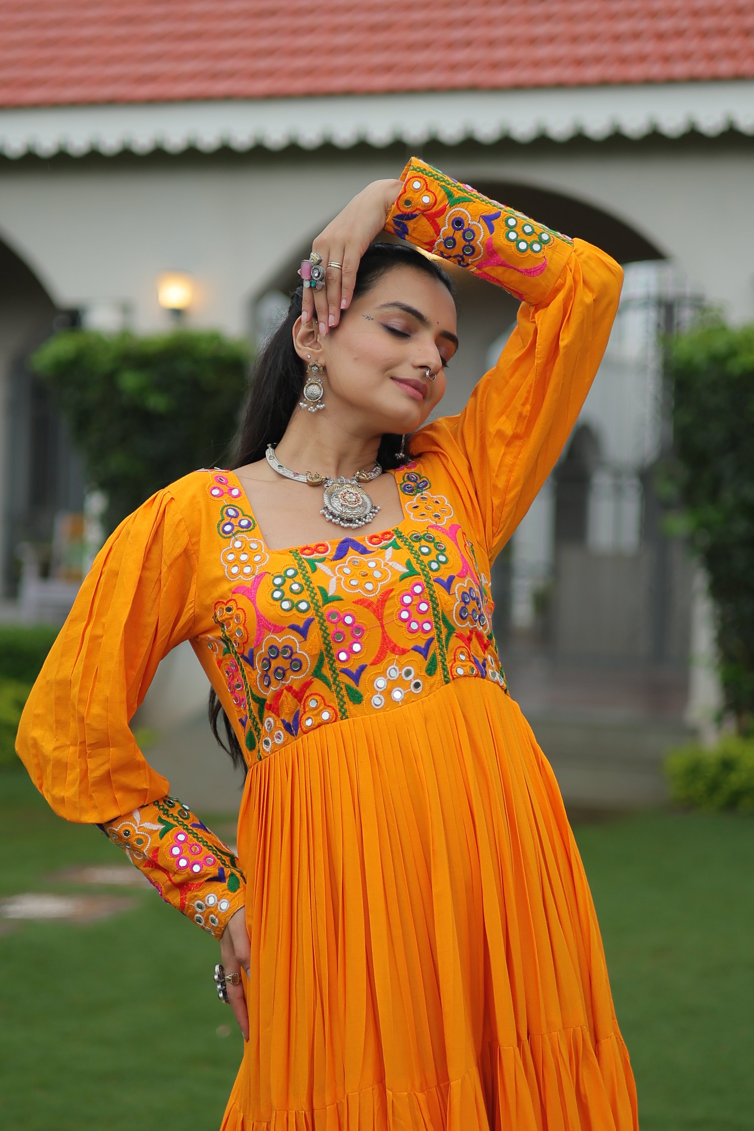 Tiered Anarkali Dress with Gujarati Mirror Embroidery