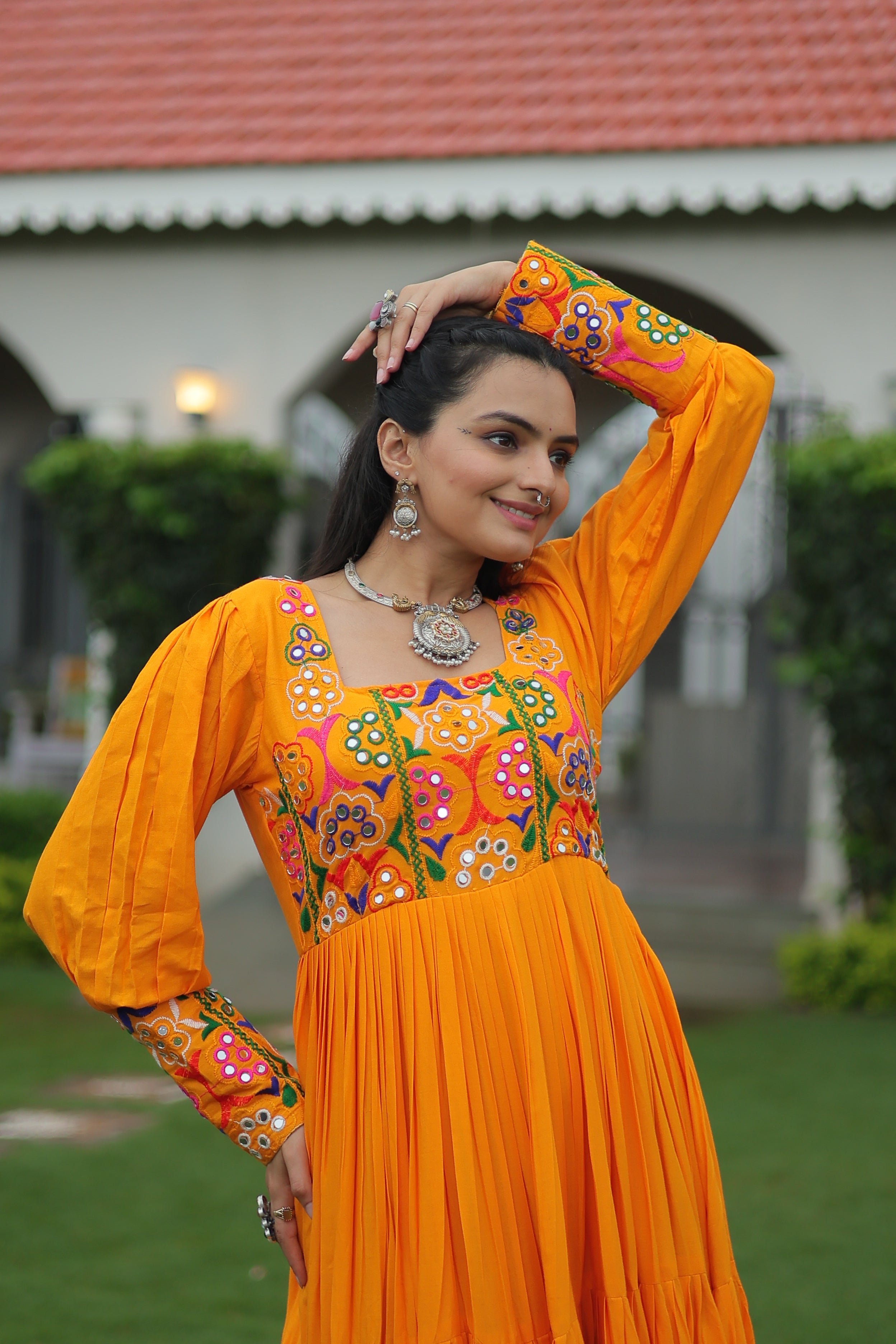 Tiered Anarkali Dress with Gujarati Mirror Embroidery