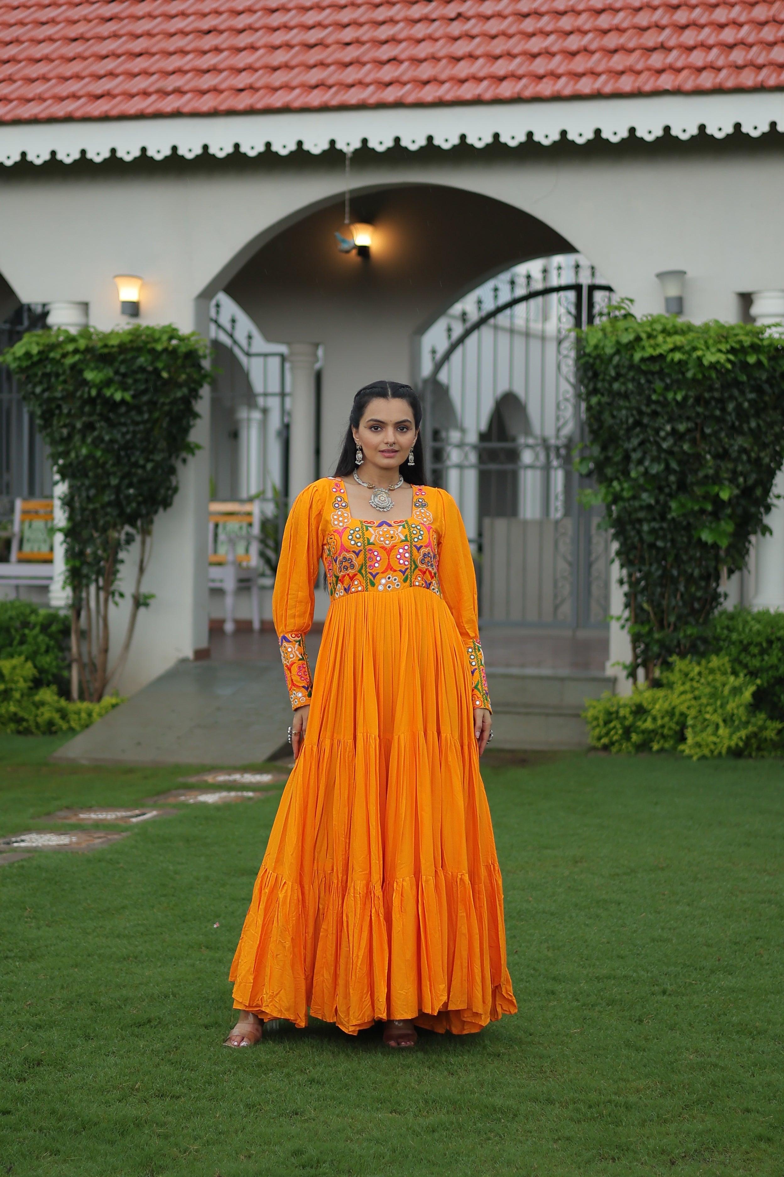 Tiered Anarkali Dress with Gujarati Mirror Embroidery