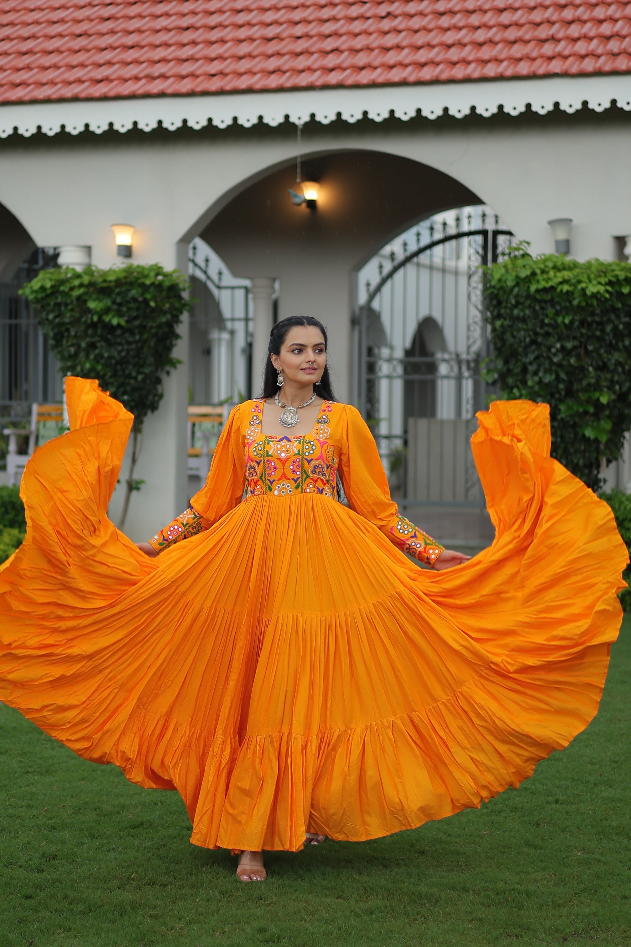 Tiered Anarkali Dress with Gujarati Mirror Embroidery