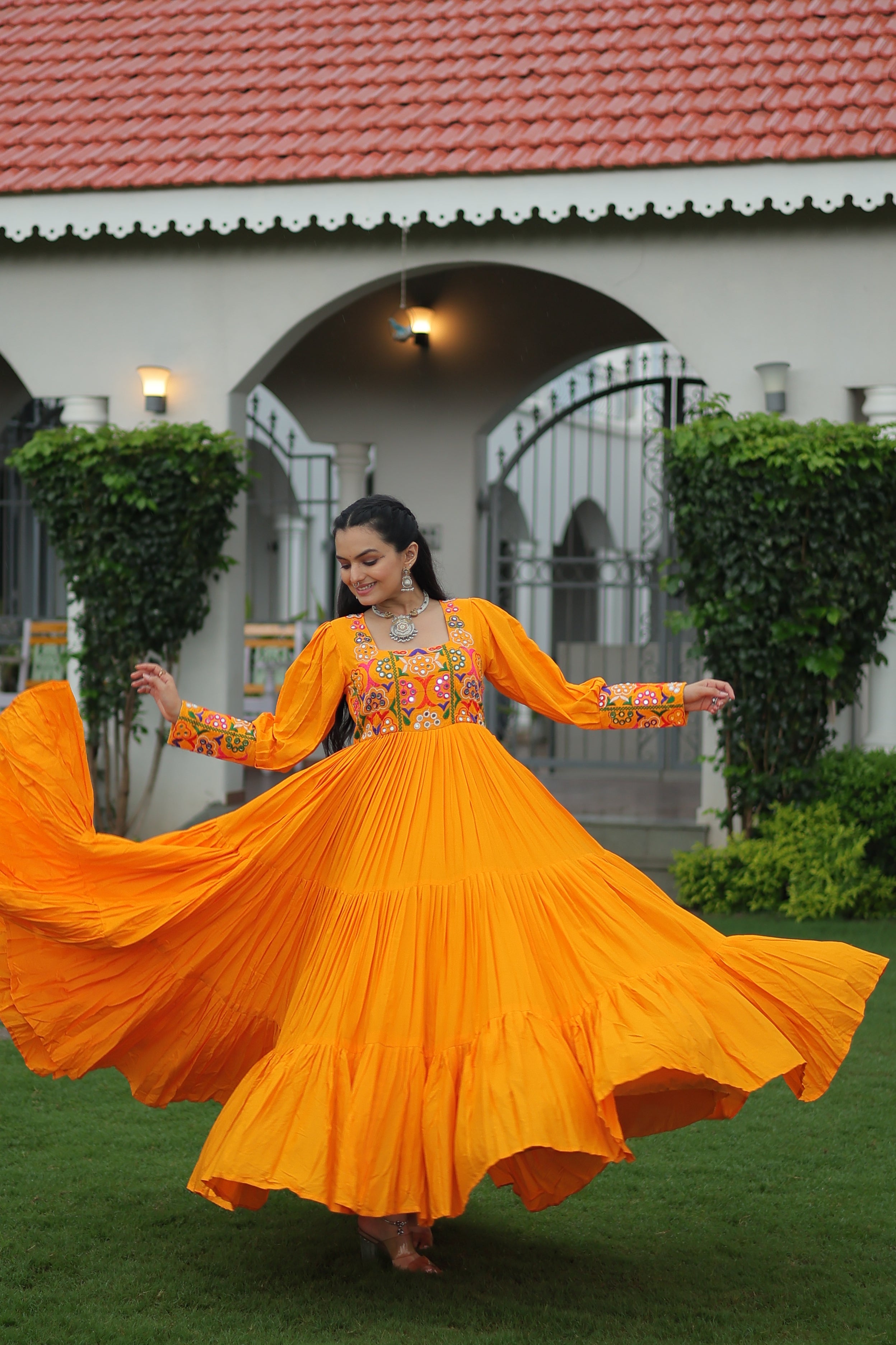 Tiered Anarkali Dress with Gujarati Mirror Embroidery