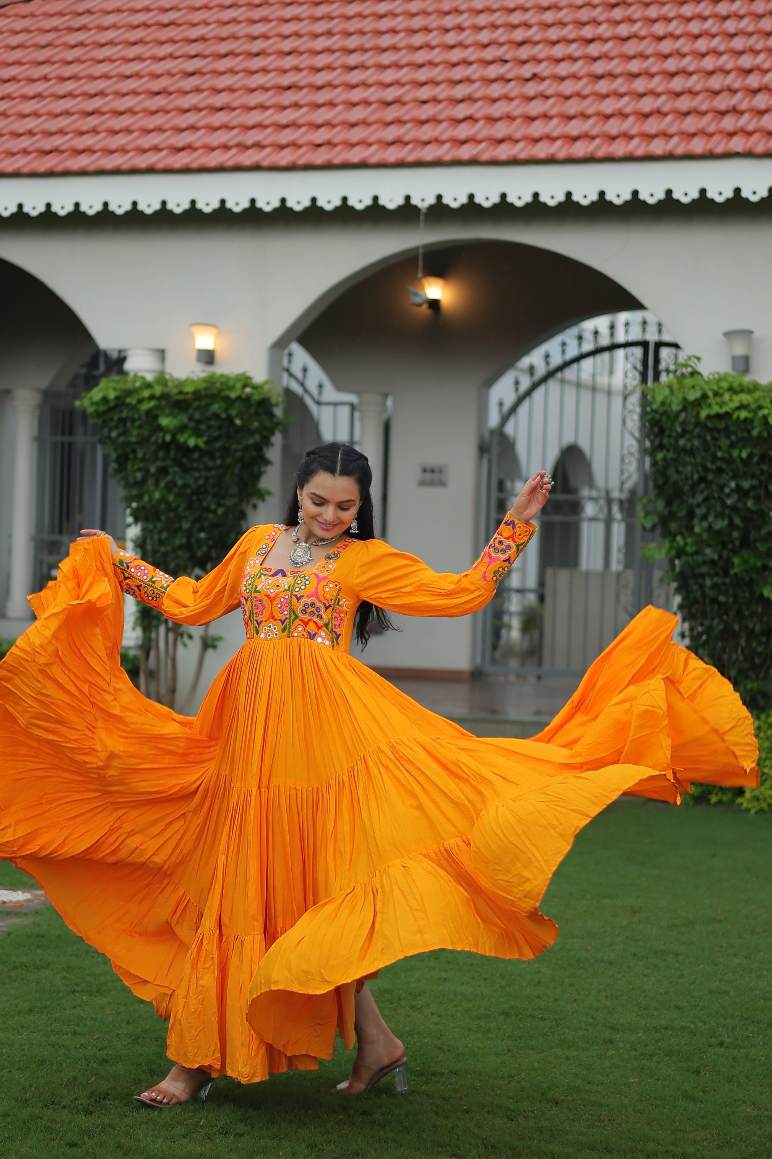 Tiered Anarkali Dress with Gujarati Mirror Embroidery