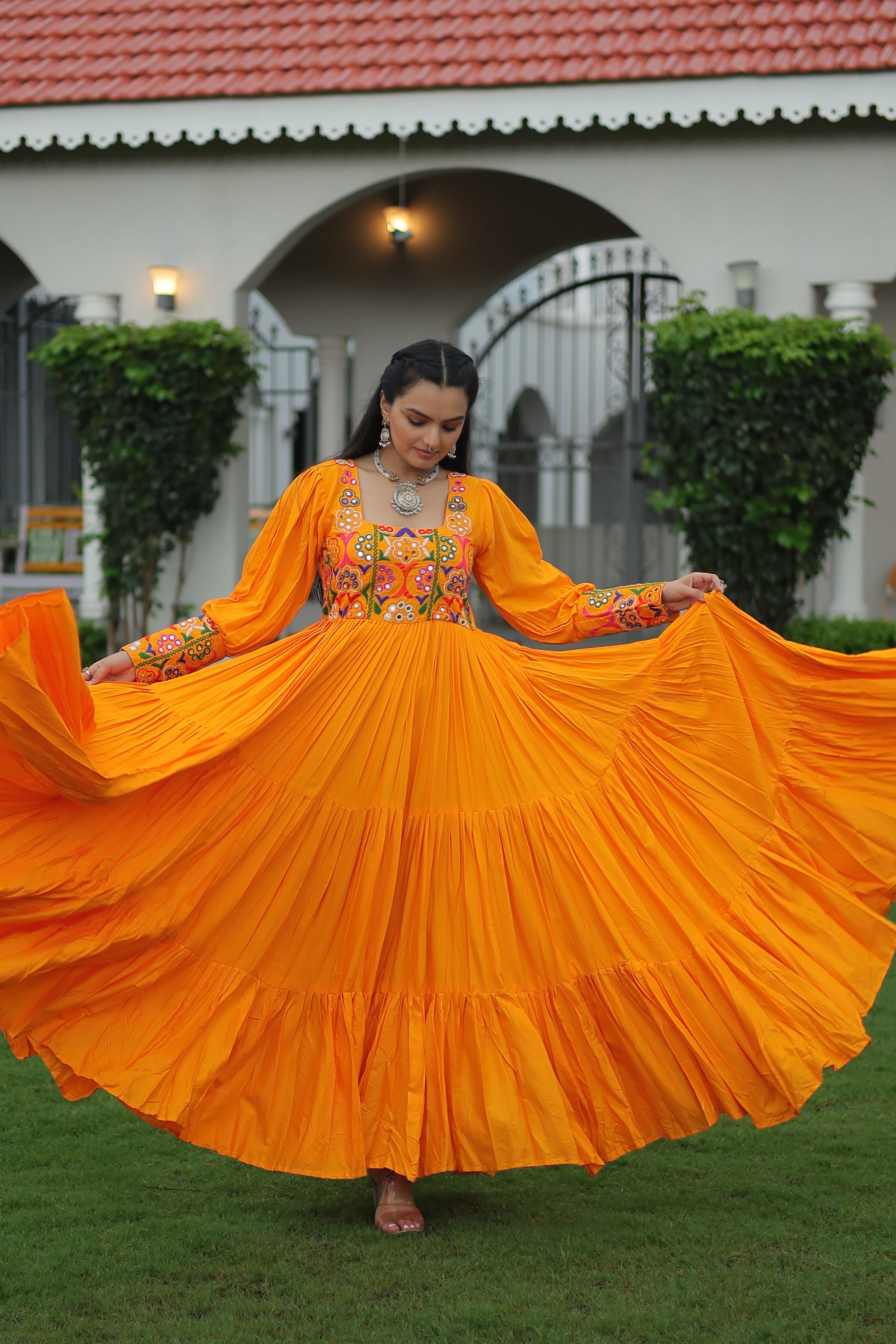 Tiered Anarkali Dress with Gujarati Mirror Embroidery