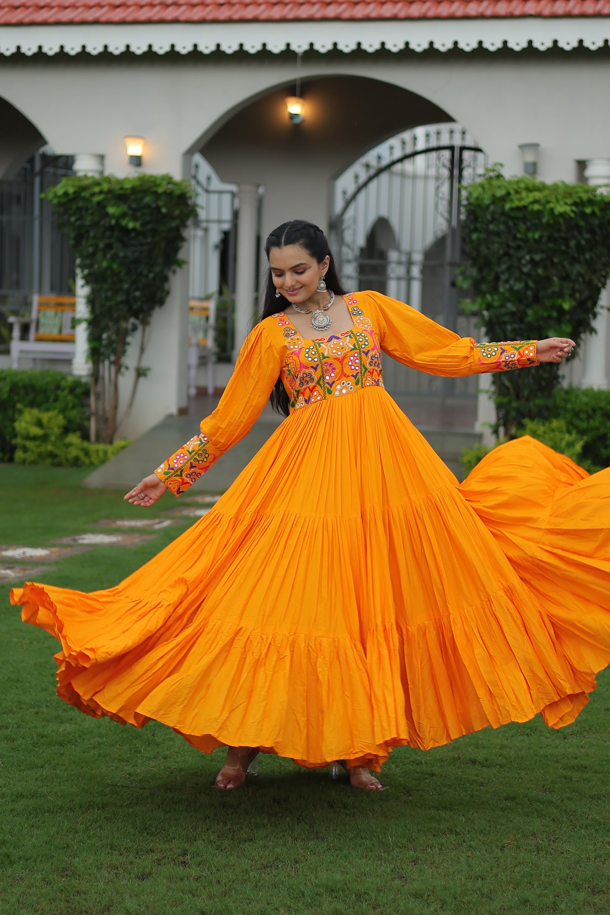 Tiered Anarkali Dress with Gujarati Mirror Embroidery
