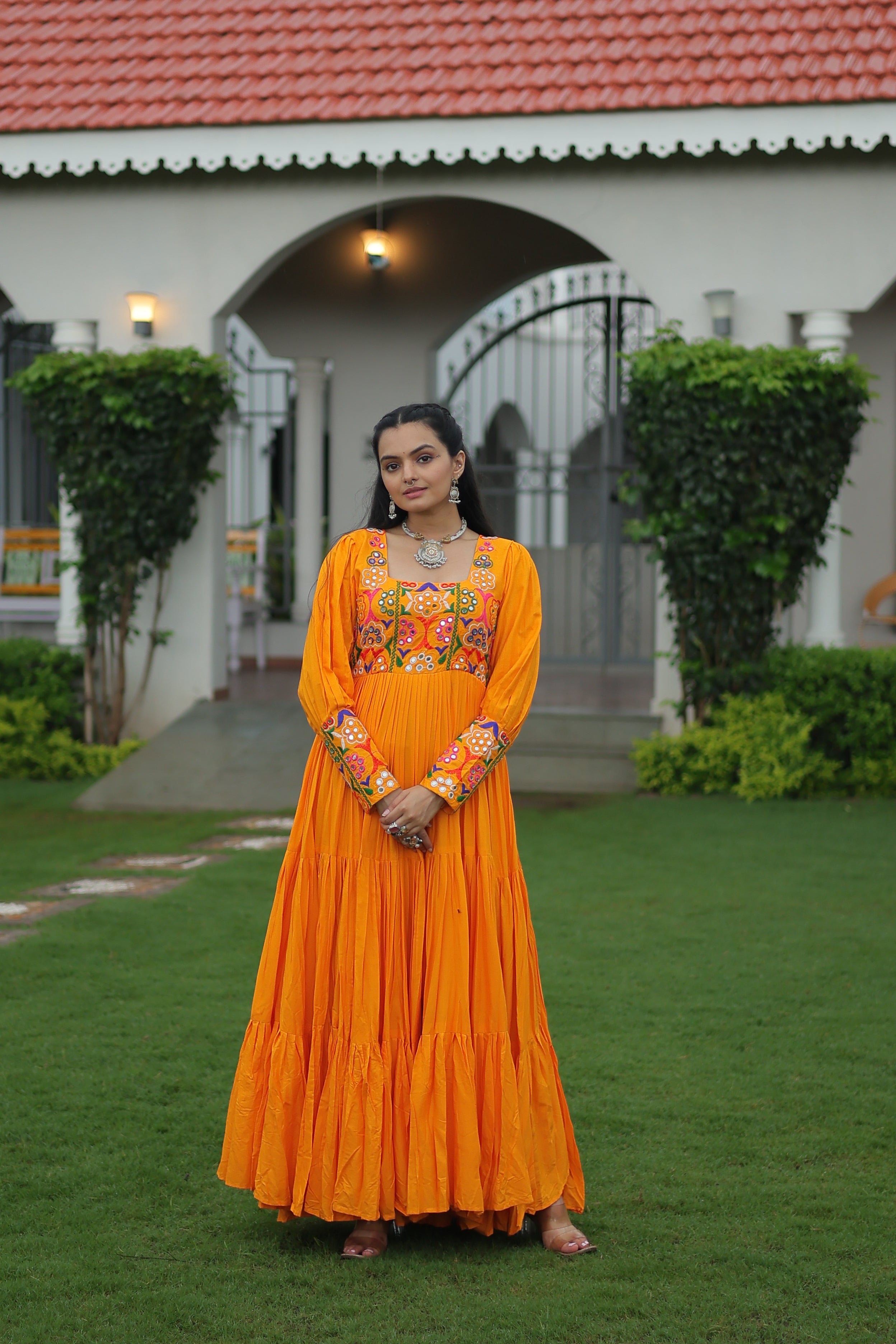 Tiered Anarkali Dress with Gujarati Mirror Embroidery