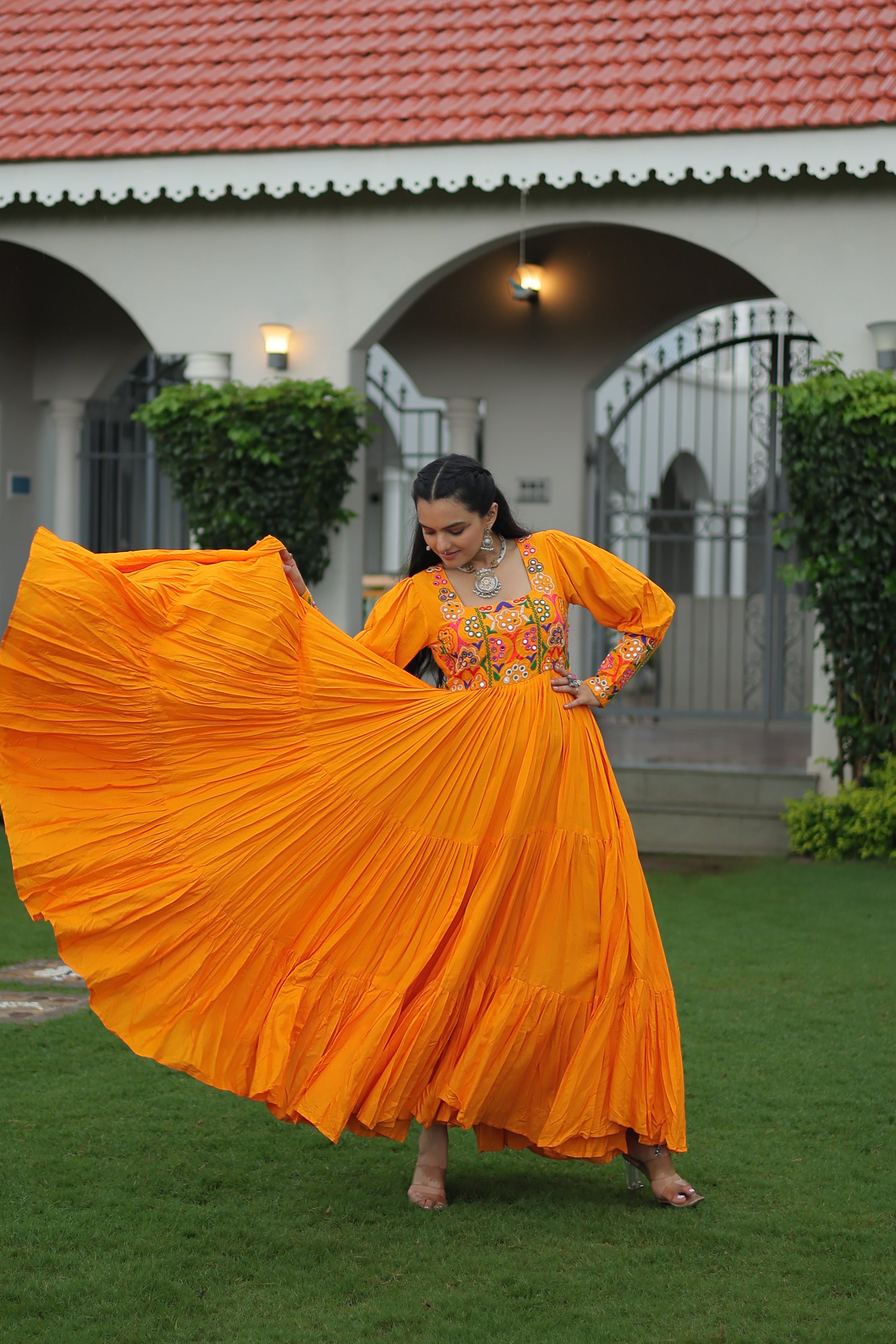 Tiered Anarkali Dress with Gujarati Mirror Embroidery