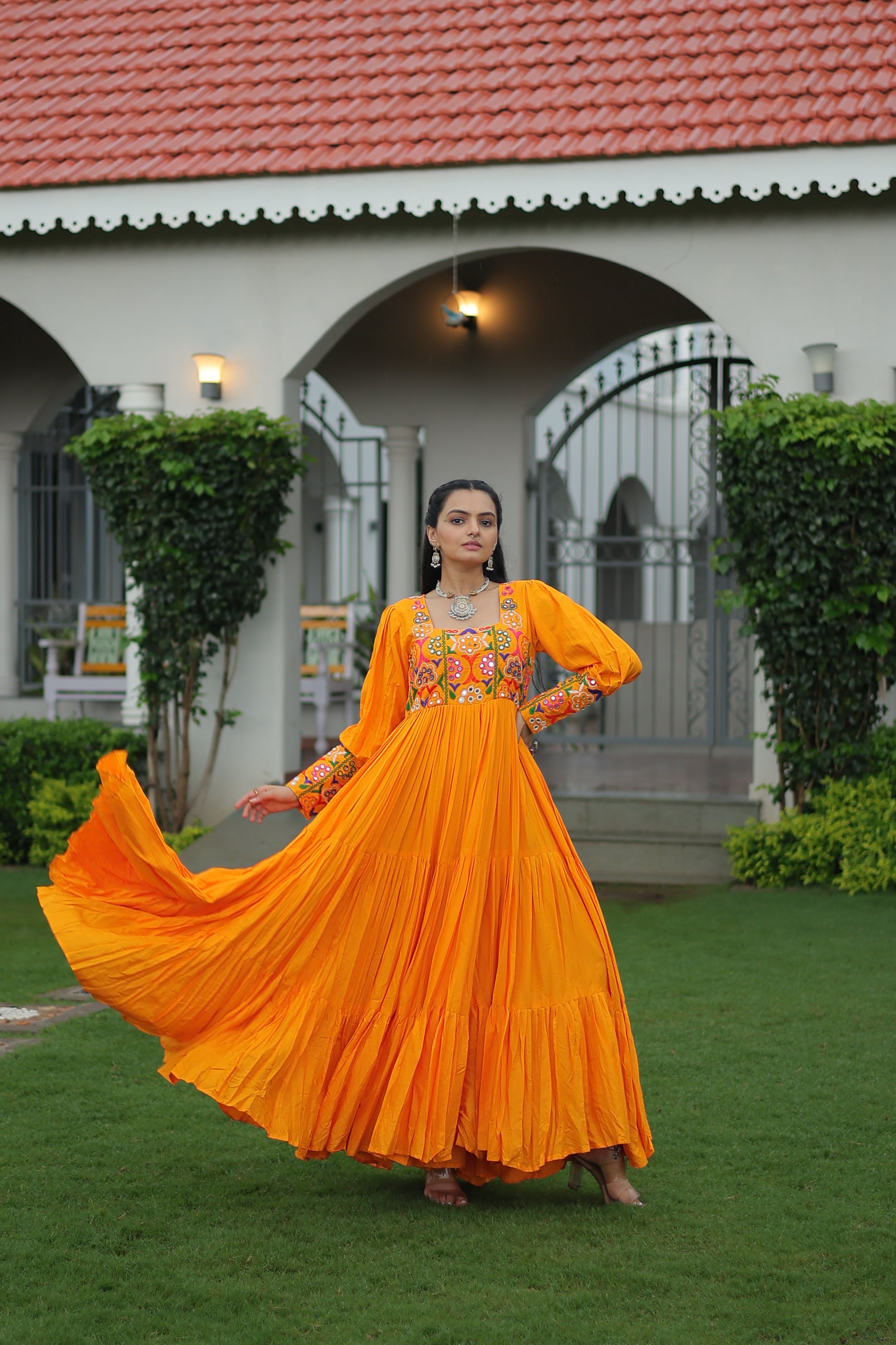 Tiered Anarkali Dress with Gujarati Mirror Embroidery