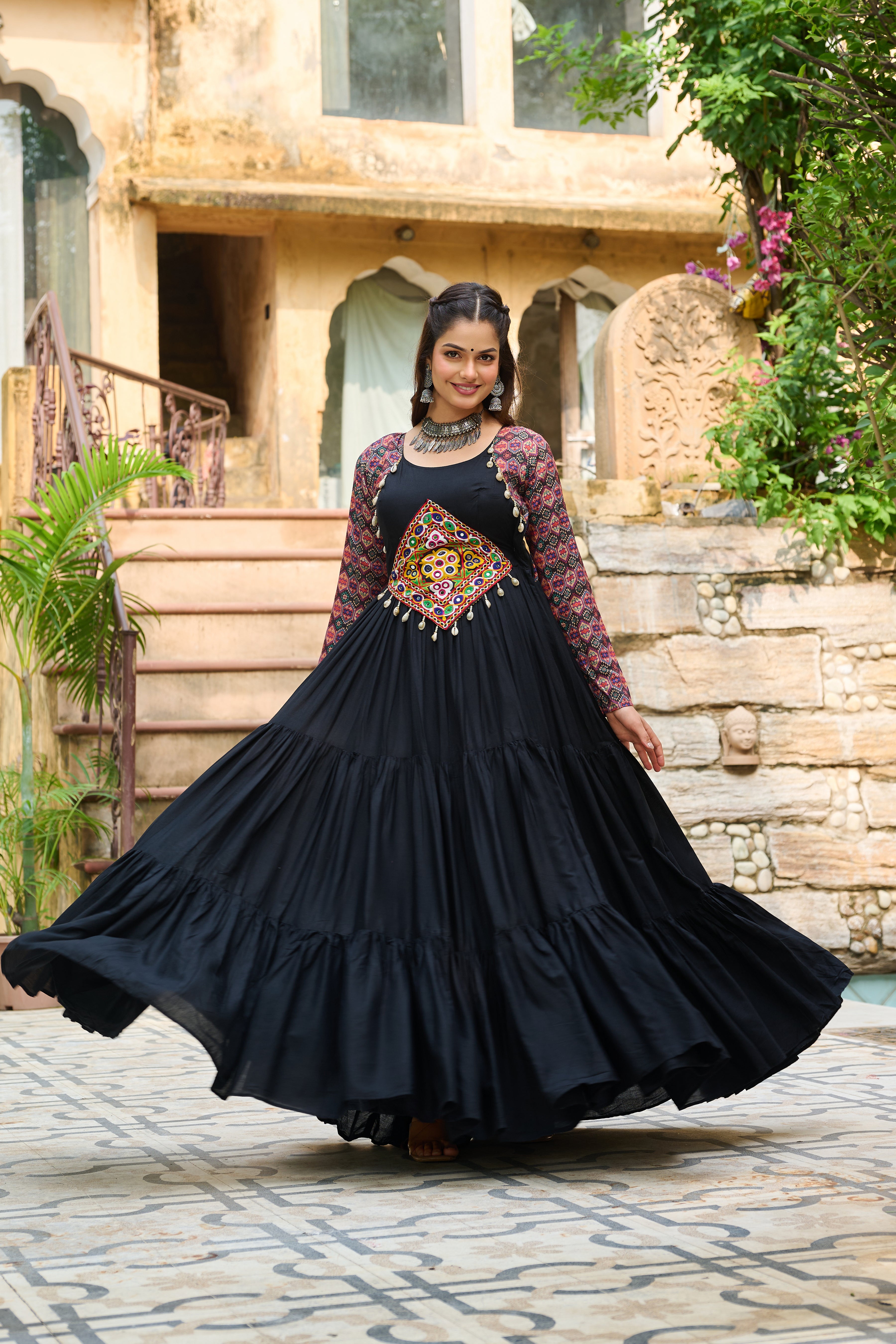 Boho Tiered Anarkali Dress with Kutch Embroidered Yoke & Jacket
