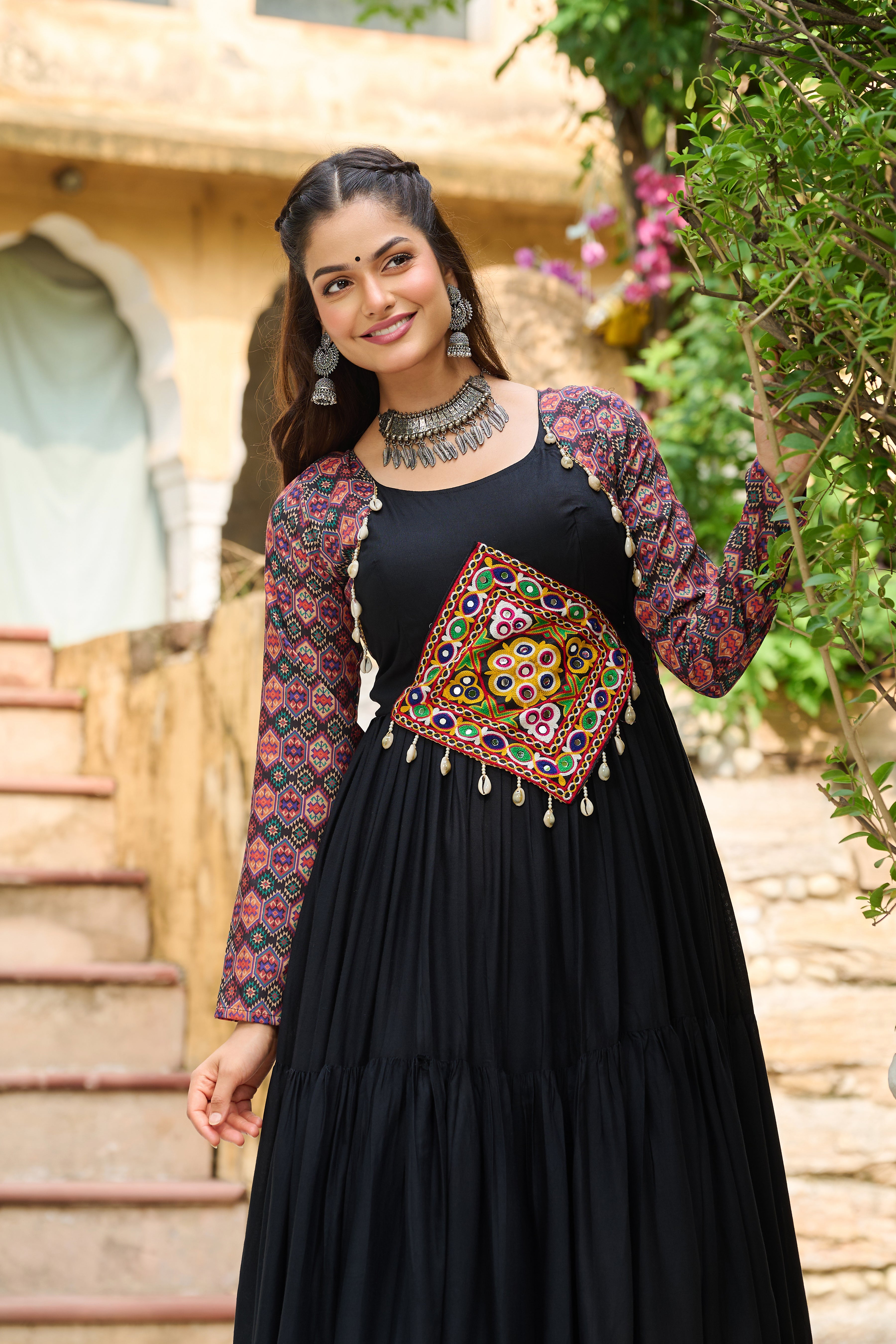 Boho Tiered Anarkali Dress with Kutch Embroidered Yoke & Jacket