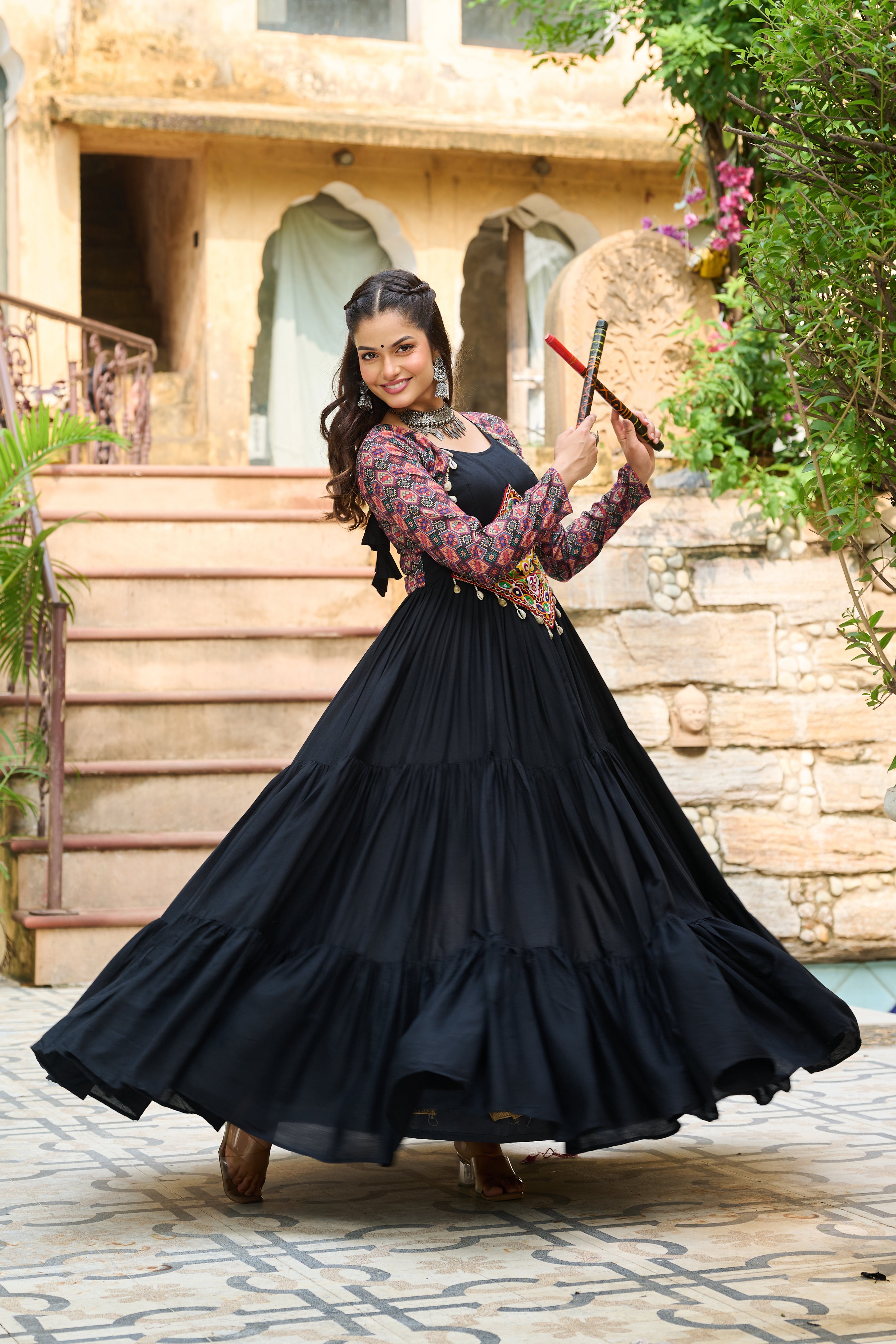Boho Tiered Anarkali Dress with Kutch Embroidered Yoke & Jacket