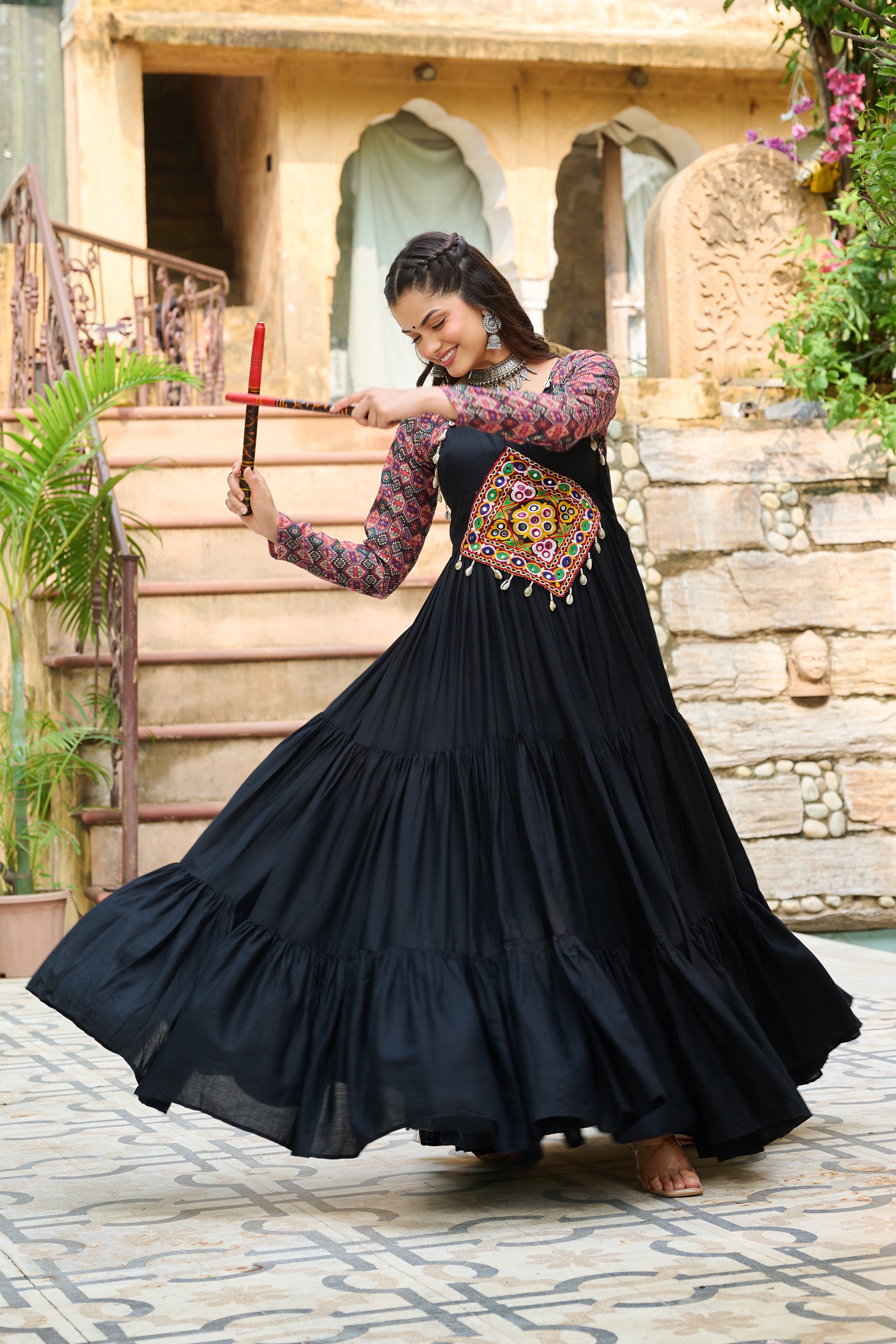 Boho Tiered Anarkali Dress with Kutch Embroidered Yoke & Jacket